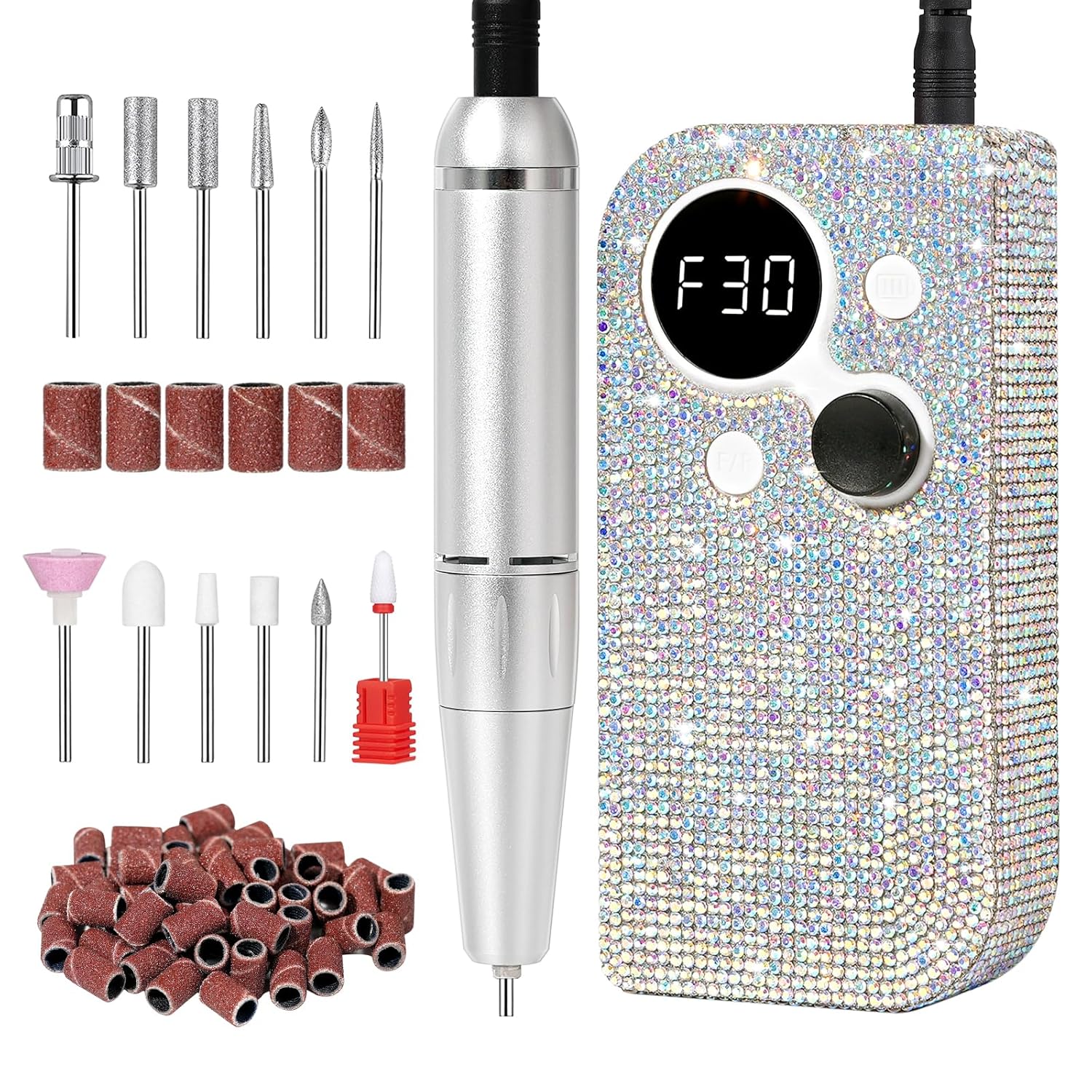 Professional Nail Drill Portable Rechargeable Sparkly Electric Nail File Machine Nail Grinder with 12pcs Bits and Sanding Bands AB White Diamond Professional Nail Drill Portable Rechargeable Sparkly Electric Nail File Machine Nail Grinder with 12pcs Bits and Sanding Bands AB White Diamond