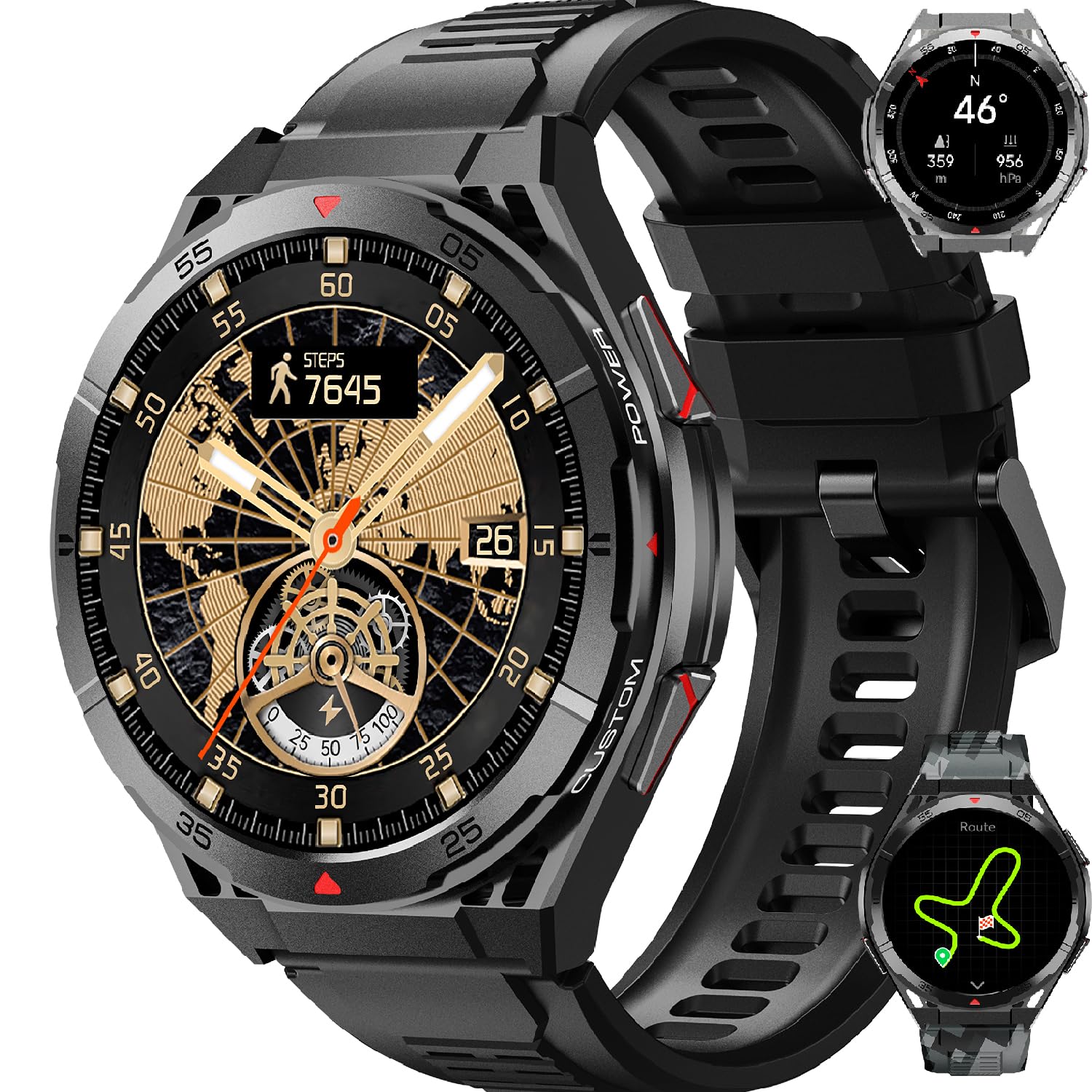 GPS Smartwatch Herren mit 560 mAh,1.43'' Amoled Display, 150+ Sportmodi, 5ATM Wasserdicht,Kompass/Barometerdruck/Höhenmesser, Fitnessuhr Herren, 24/7 Herzfrequenz,SpO2,Schlafmonitor für Android iOS