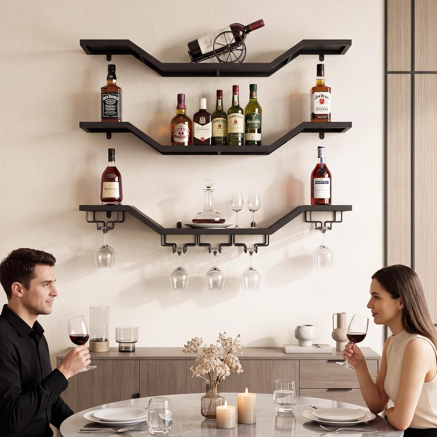 31.5" Wall Mounted Wine Rack with LED, 3-Tier Floating Bar Shelves