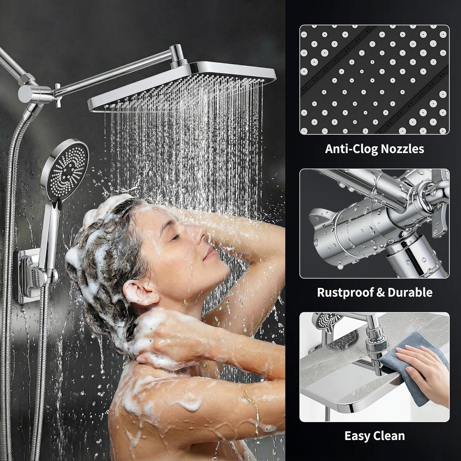 11.8 inch Shower Head with Handheld Combo, Rainfall High-Pressure Dual Shower Set with Extension Arm, Anti-leak Shower Head with Holder, Multi-Spray Modes, Height and Angle Adjustable