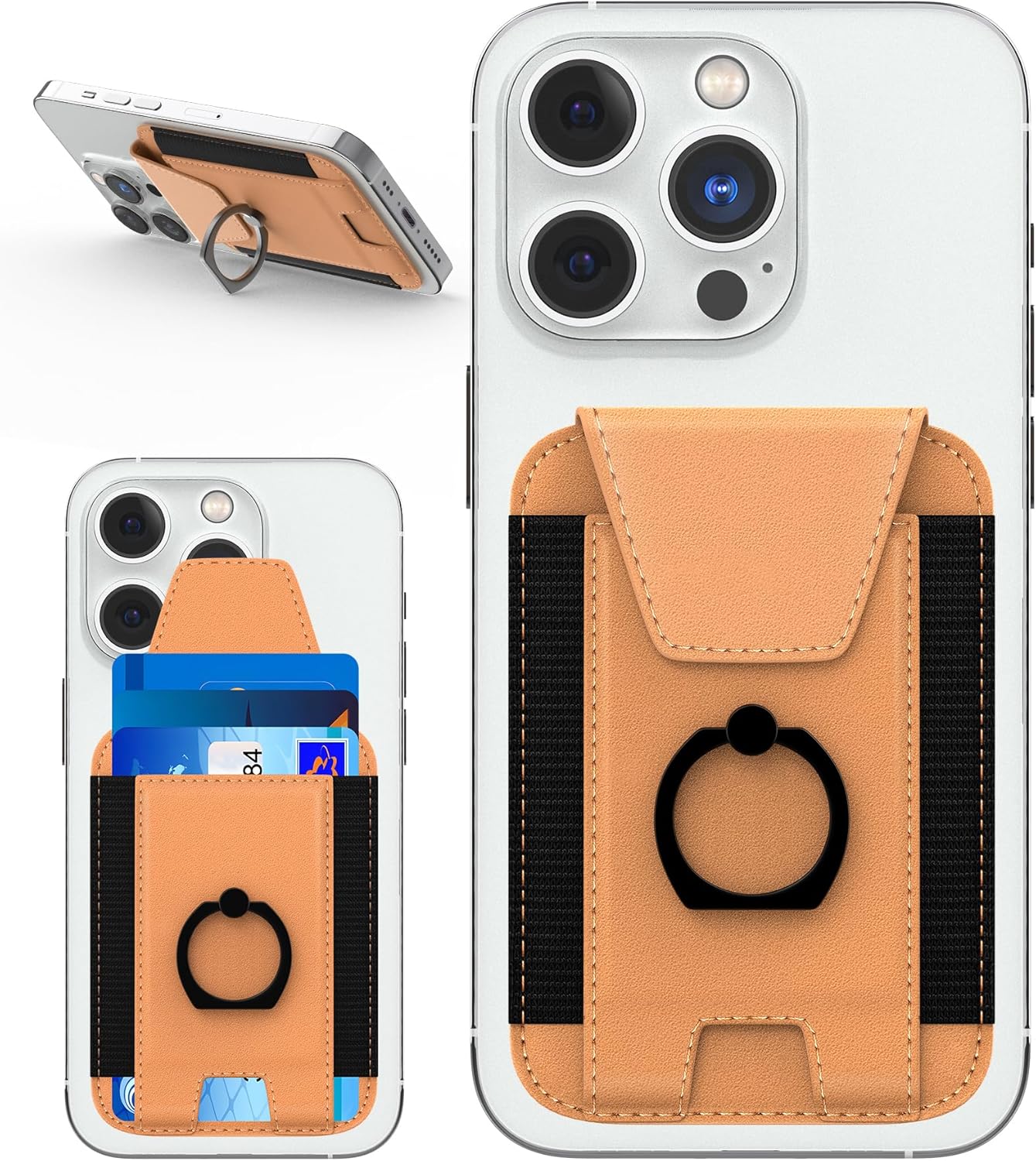 3-in-1 Magnetic Wallet with Phone Grip, Leather Phone Stand, Magnetic Privacy Flap, Cell Phones Card Sleeves with Ring for iPhone 15/14/13/12 Series, 7 Cards Holder (Brown)