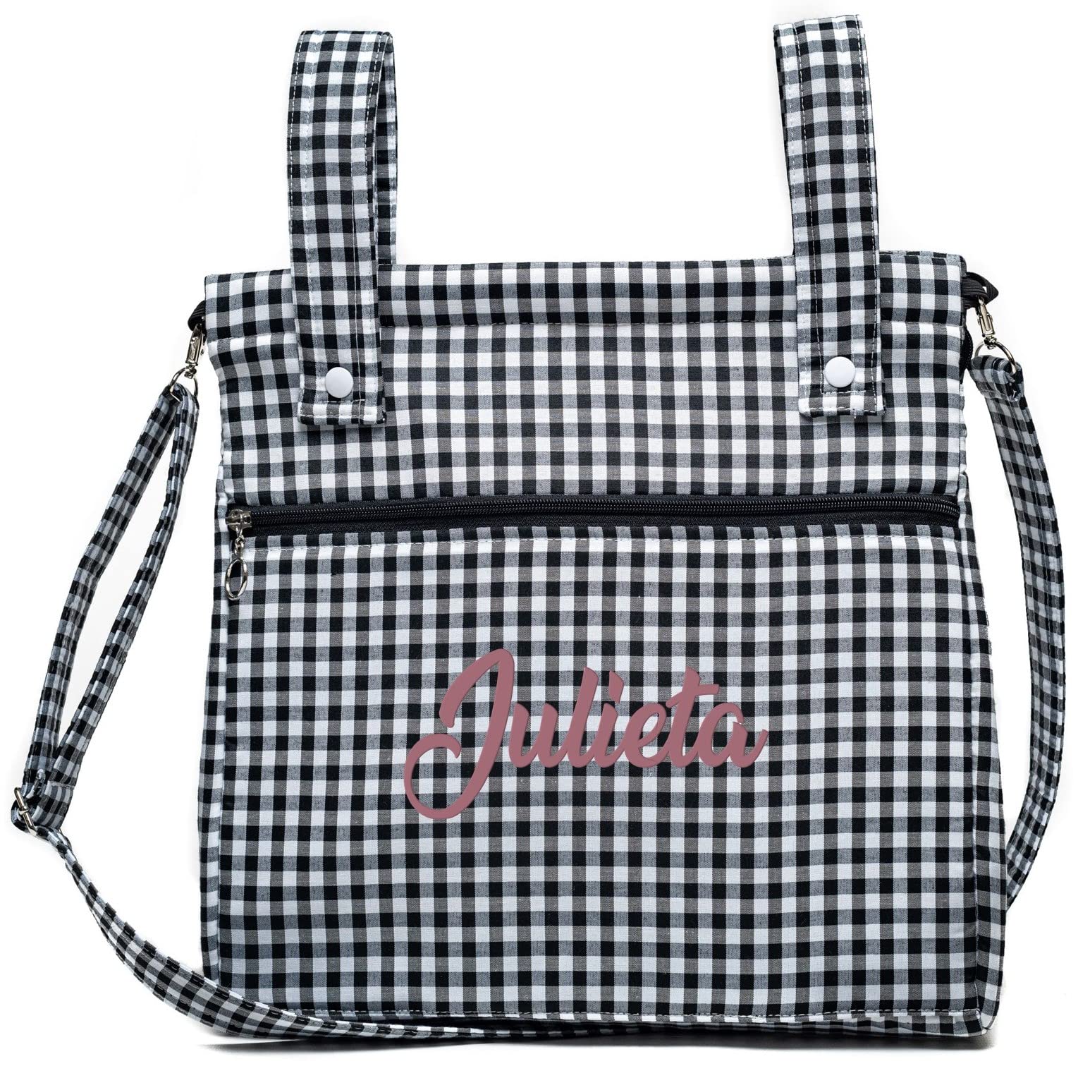 Bolsa panera de algodón vichy personalizada con nombre bordado - Bolso carro - Talega carrito de bebé - Nenel