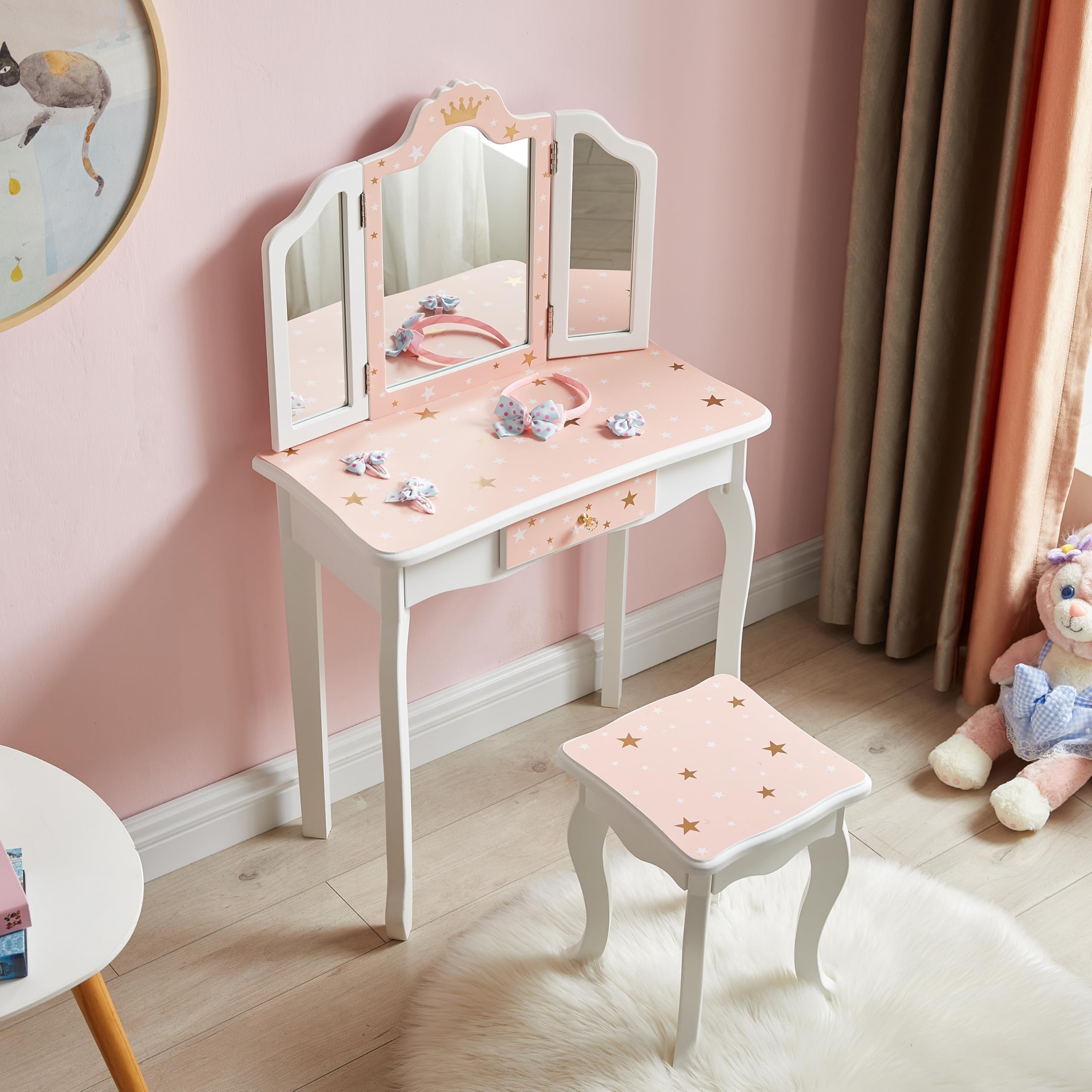 Amazon.com: Bophy Girls' Vanity Table and Chair Set, Kids Makeup ...