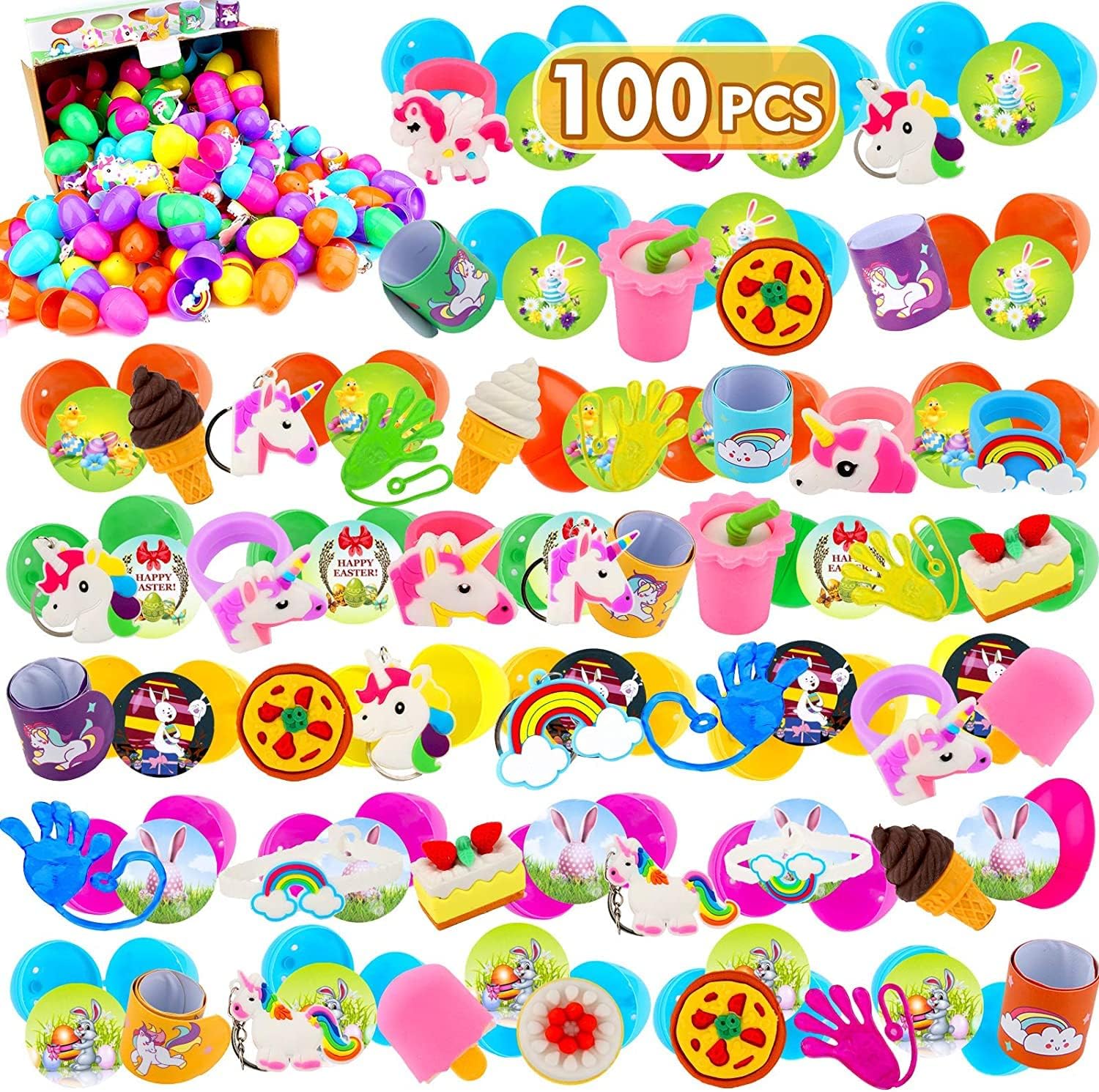 Toy Filled Easter Eggs-Colorful Plastic Eggs with Different Kinds of Little Toys,for Hunt, Basket Stuffers Fillers, Theme Party Favor for Kids (2.36in) 100 Pack