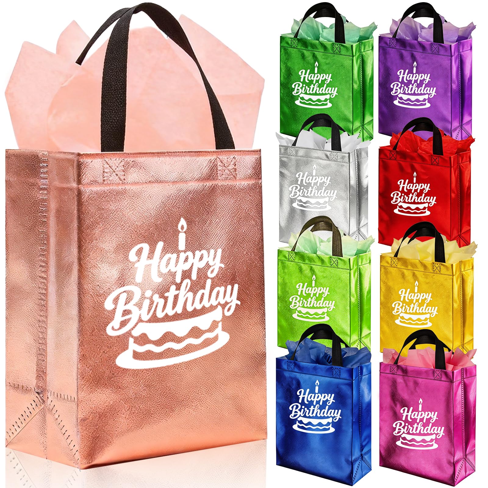 PHOGARY Pack of 9 Birthday Gift Bags for Present, Reusable Gift Bags with Tissue Paper, Medium Colorful Goodie Bag Gift Wrapping for Birthday Party Favor Bag, Non-woven Fabric