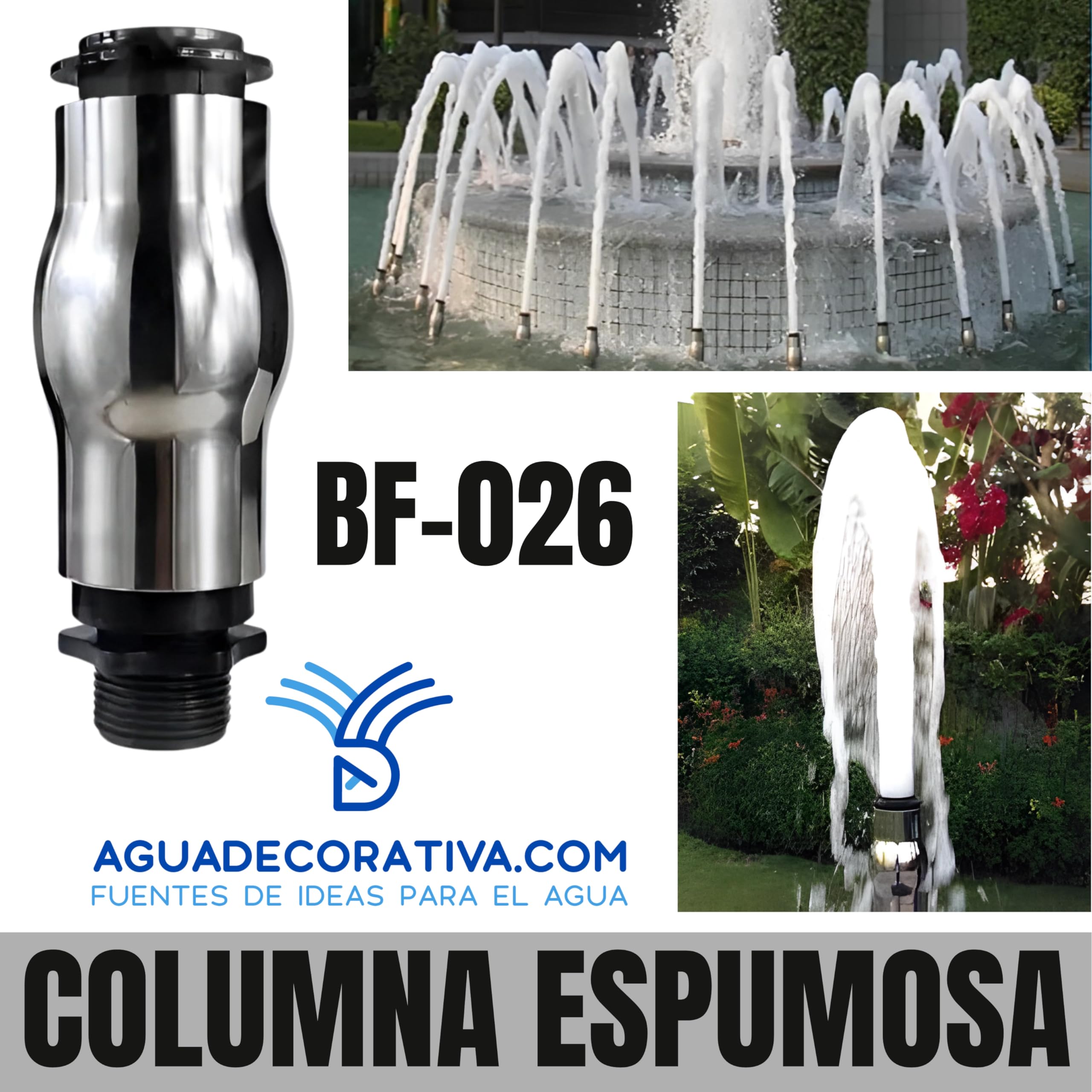 Boquilla para Fuentes de Jardin Columna Espumosa Chorro Espumoso Cascada de Agua 1" Acero Inoxidable y Plástico(BF-026)