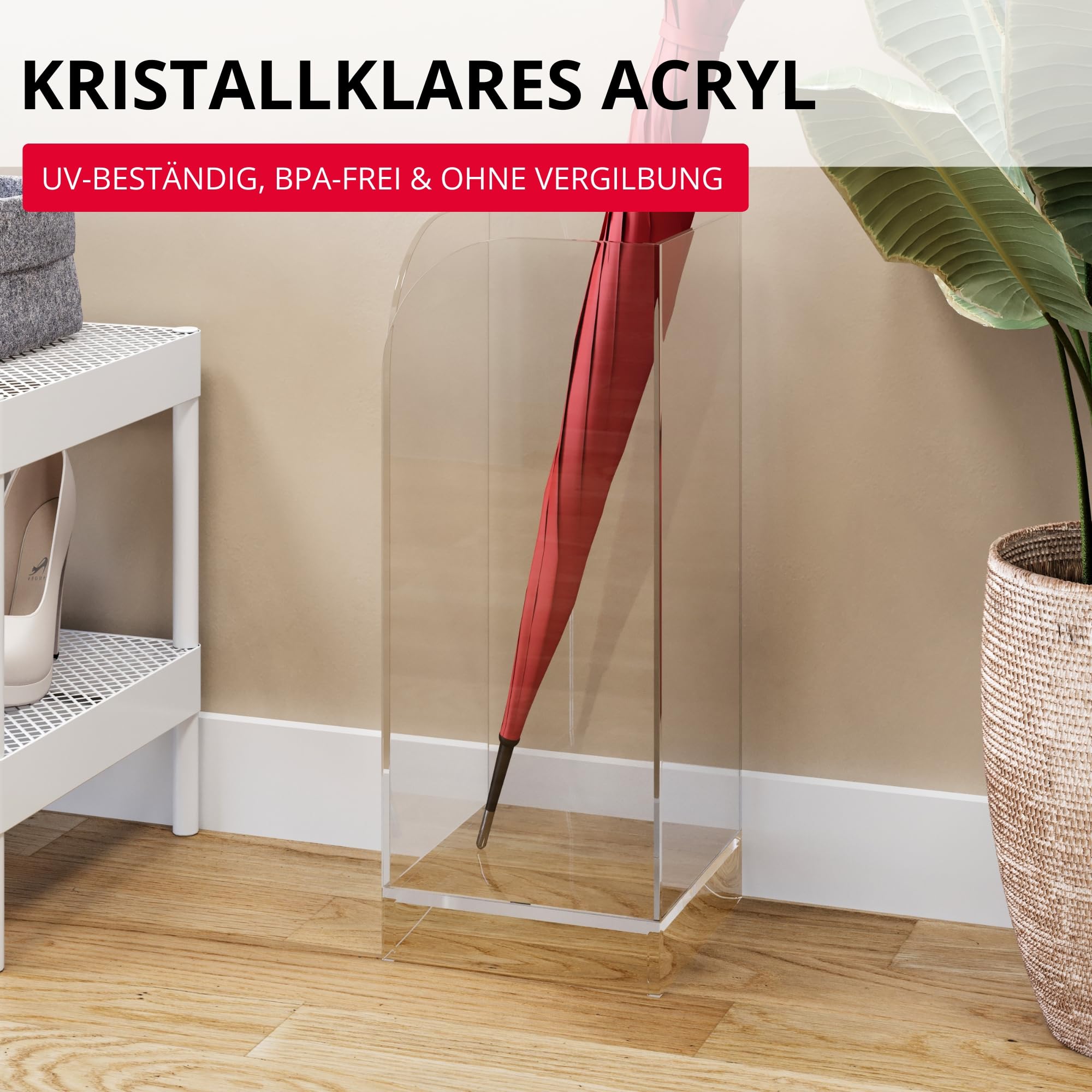 StarK Regenschirmständer Acryl – 50x20 cm quadratisch & transparent | Schirmständer Regenschirm für 8 Schirme | Stilvolles Design, elegant & passend für Flur, Büro & Praxis