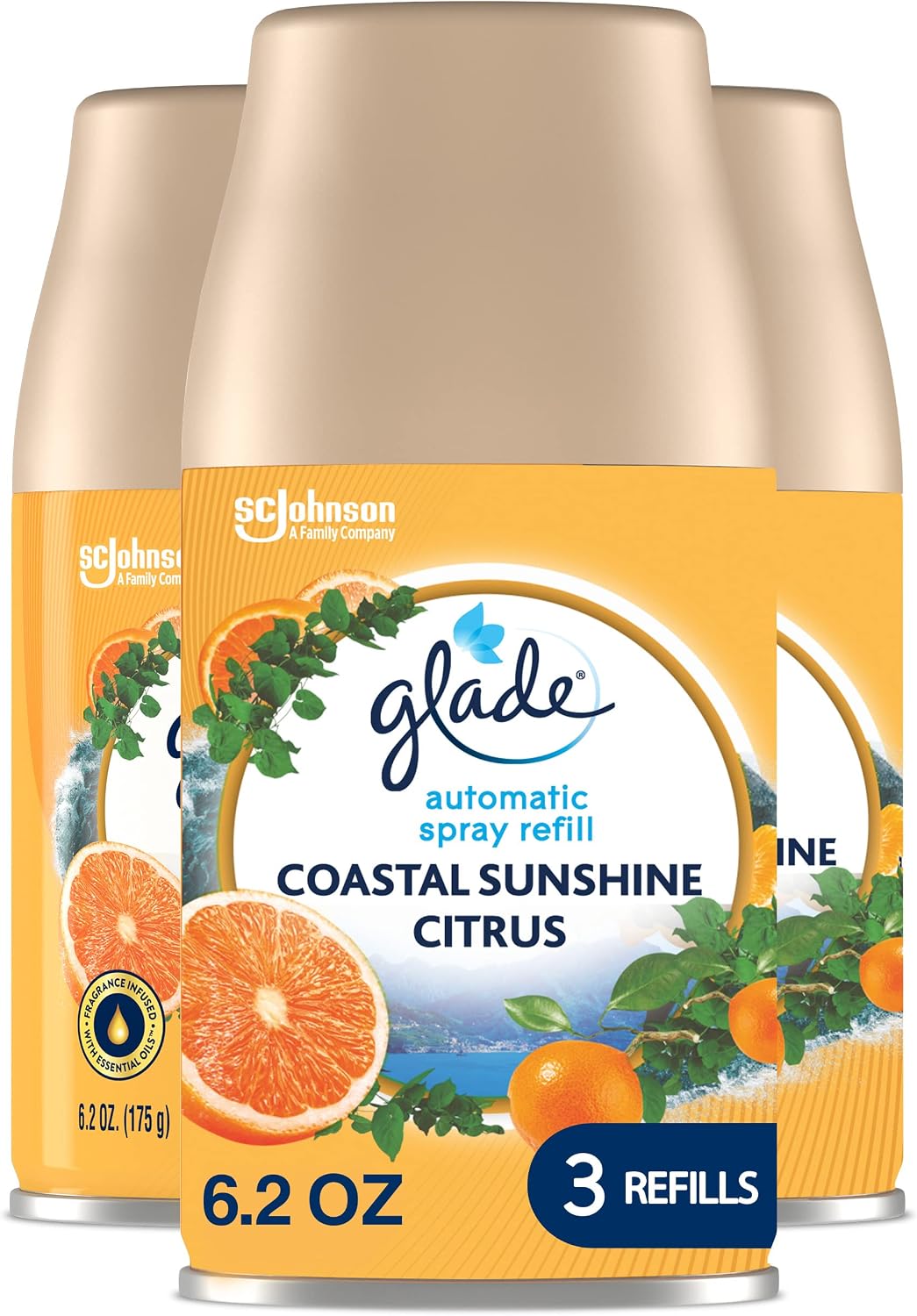 Glade Automatic Spray Refill, Air Freshener for Home and Bathroom, Coastal Sunshine Citrus, 6.2 Oz, 3 Count