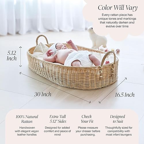 Miniatura 4 de BEBE BASK Cesta cambiadora de bebé de alta calidad, ratán artesanal con lados extra altos, cesta cambiadora de mimbre para tocador de bebé, todos