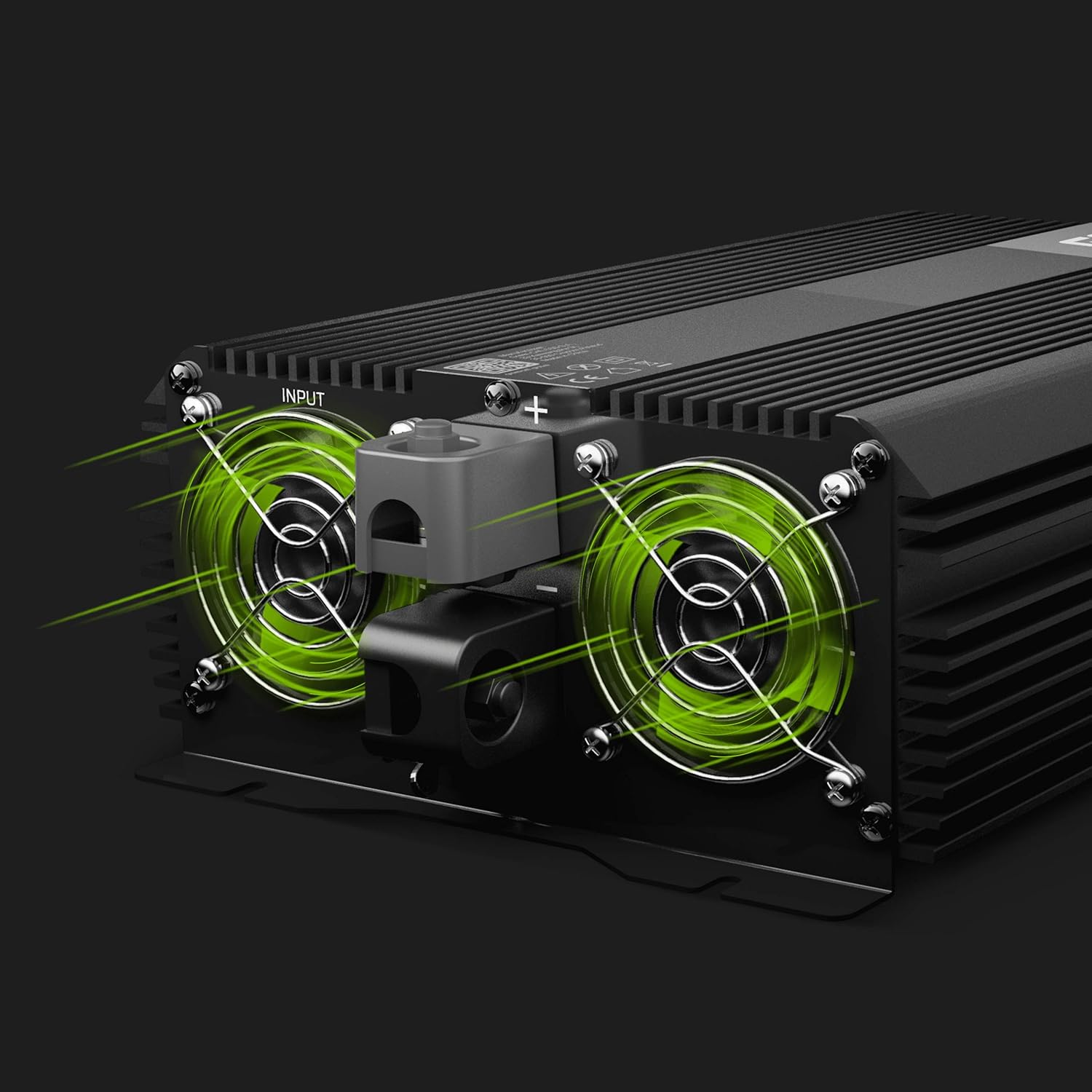 Close-up of the Green Cell Pro Inverter's cooling fans, highlighting the importance of clear airflow