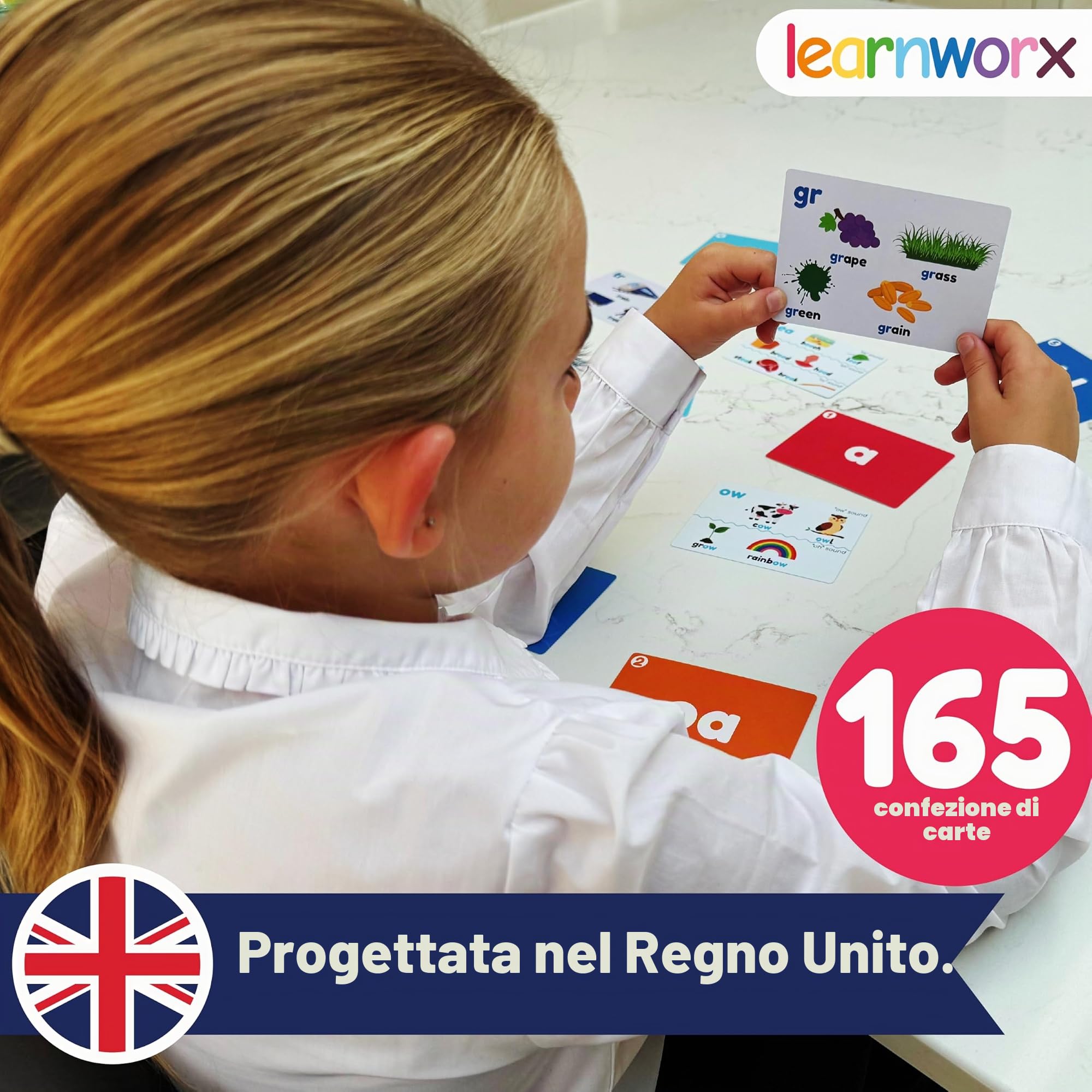 Phonics - Schede flash per bambini dai 3 anni in su, 165 carte didattiche su entrambi i lati, lettere, digrafi, trigrafi, miscele e parole difficili, giochi colorati per la lettura precoce e