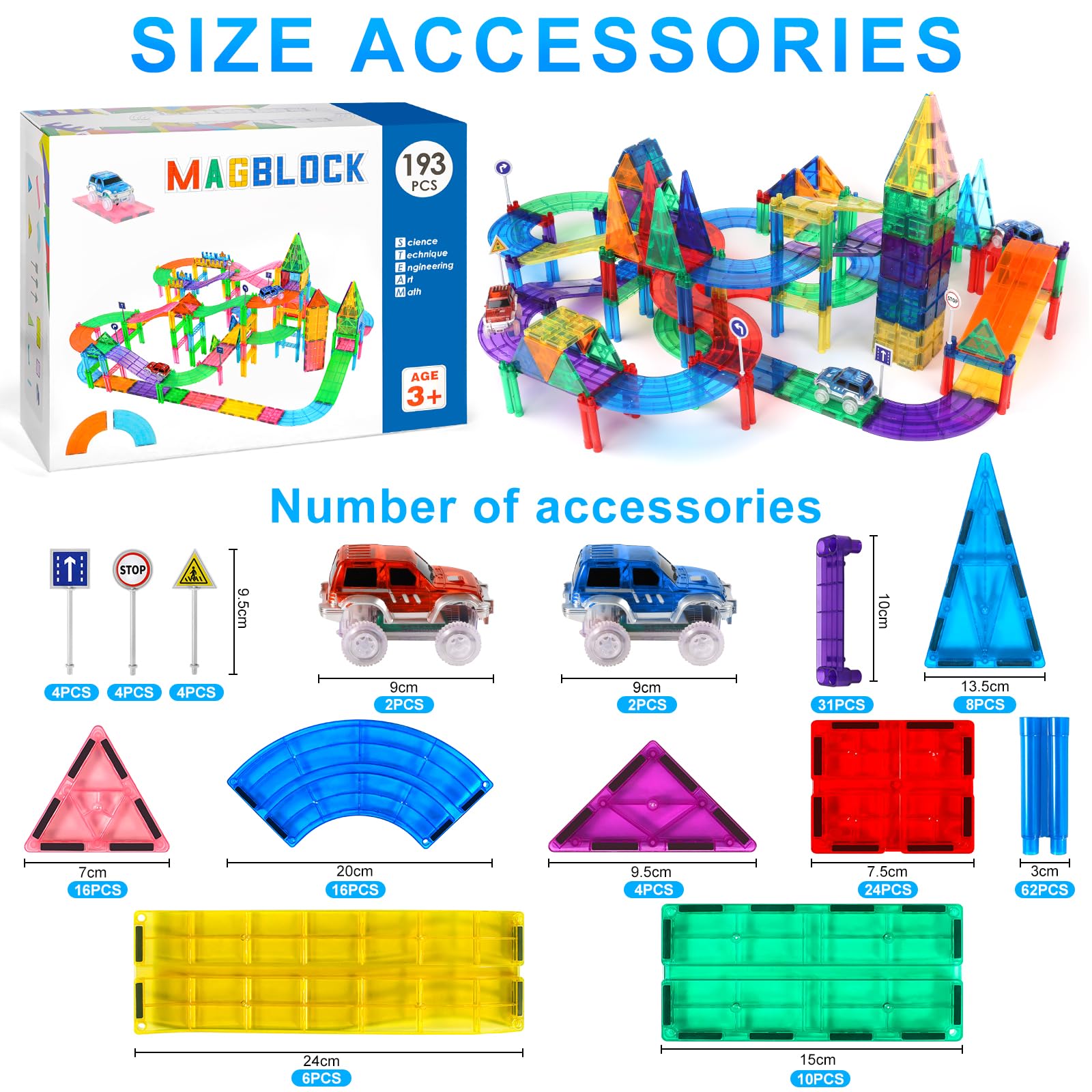 193Pcs Gioco Giocattolo con Blocchi Magnetici 3D, Giocattoli da Costruzione Magnetici con Auto da Corsa a Led, Set di Costruzioni Giocattolo Magnetiche, Regalo per 3+ Ragazzi e Ragazze
