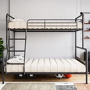 Garvee Bunk Beds Twin Over Full Size, Heavy Duty Bunk Beds with Ladder and Guardrail,Metal Bunk Bed for Kids,Teens,Noise-Free,Black & Grey