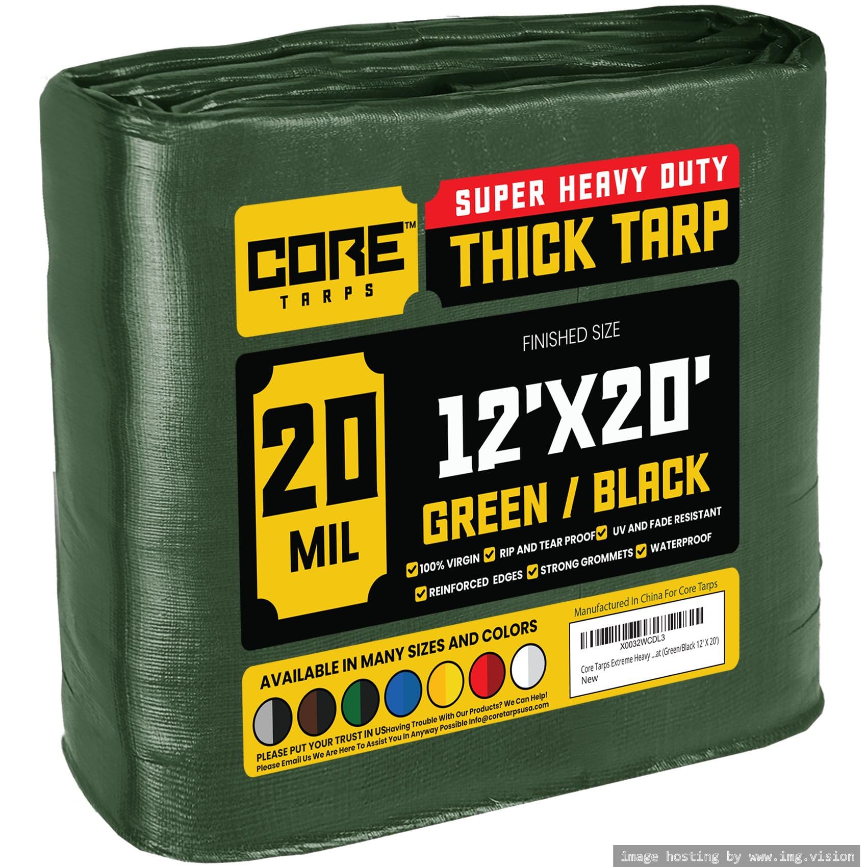 Core Tarps Green/Black-20 Mil Core Tarp - Tarpaulin Waterproof Heavy Duty(305 G/M²|12′ X 20′ | 3.65M X 6.1M|) Uv Resistant, Tear Proof, Protective Poly Tarpaulin With Reinforced Edges For Multi-Purpose Usage