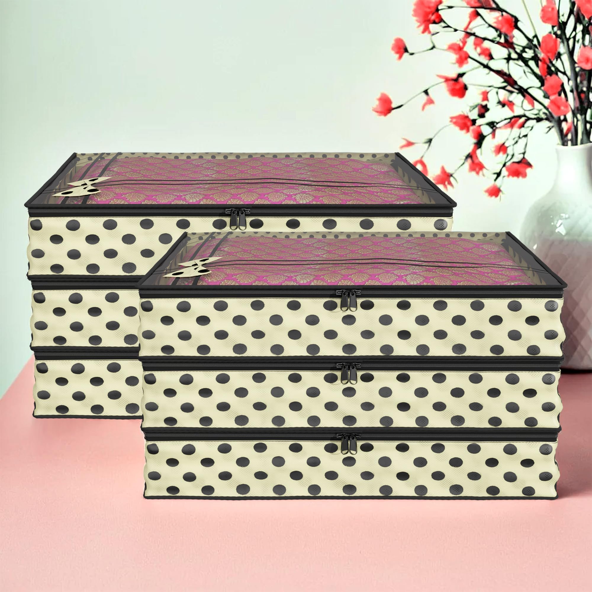 Kuber Industries Saree Cover | Dot Bow-Design Clothes Storage Bag | Suit Packing Cover | Wardrobe Cloth Storage Organiser with Zip | 3 Inch | Pack of 6 | Cream