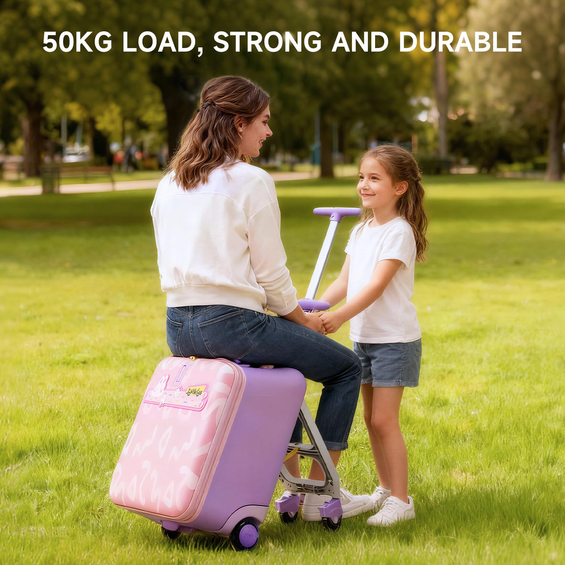 Jovikids Kinderkoffer zum Draufsitzen, 3 in 1 32L Trolley Kinder mit Teleskopstange und 4 Rollen, Reisekoffer Kinder, Faltbar und abnehmbar, mehrere Fächer (Rosa)