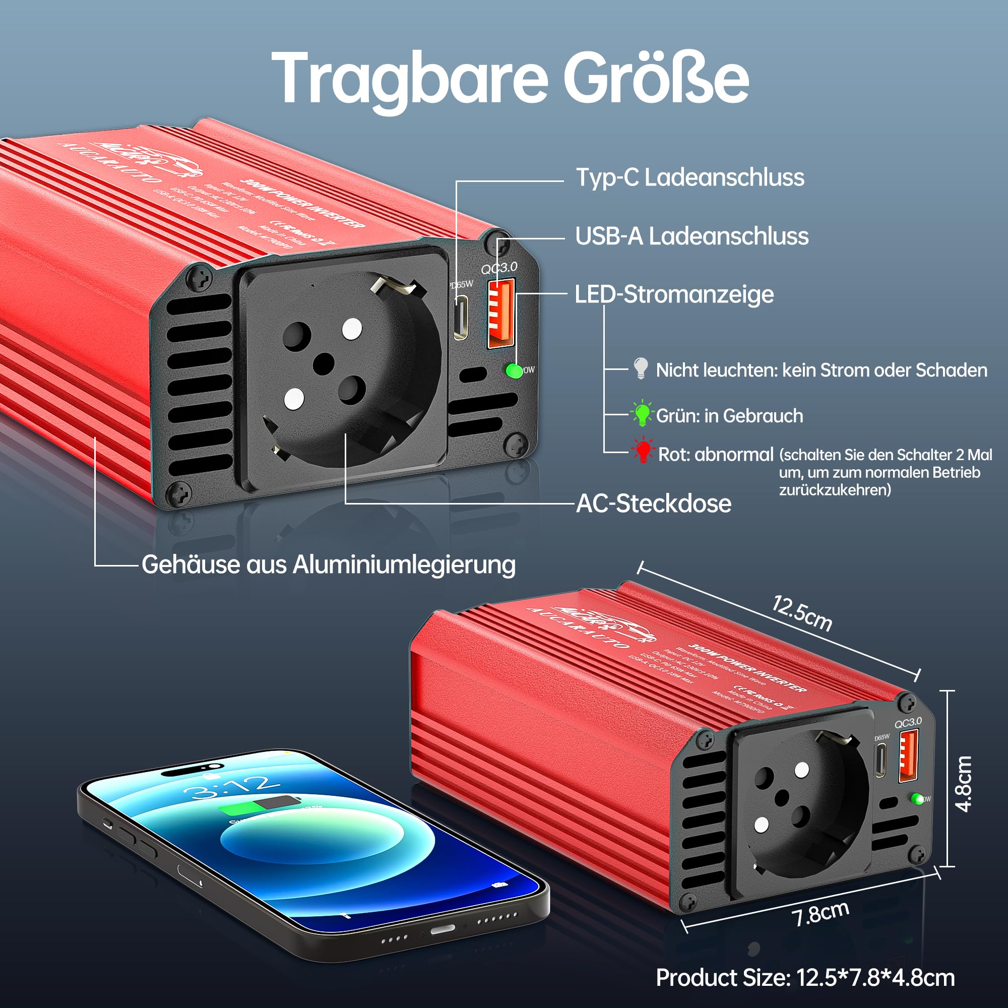 Upgrade 300W Spannungswandler, Wechselrichter 12V auf 230V Stromumwandler mit PD 65W & QC3.0 18W USB kfz ladegerät und Auto Steckdose, Laden Sie Ihr Laptop, iPad, iPhone Und Mehr - Rot