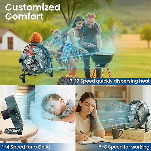 Miniatura 7 de Ventilador recargable de 15 pulgadas para campamento, ventilador de piso inalámbrico de 12 velocidades, ventilador portátil recargable para viajes