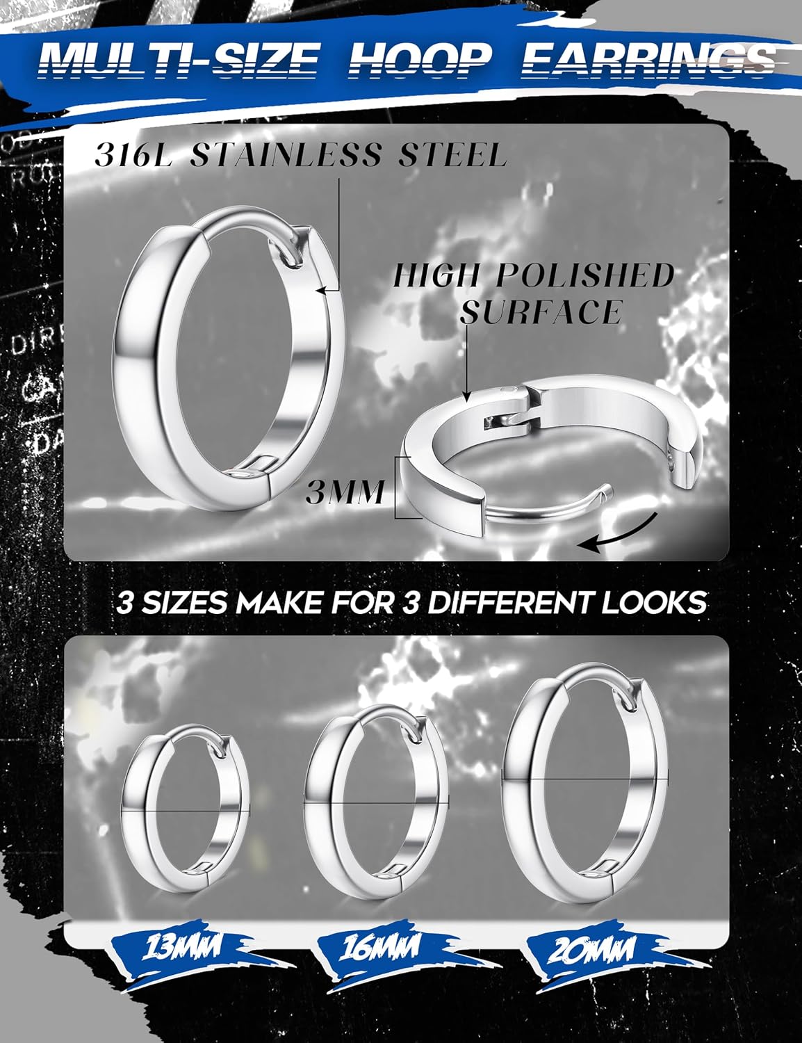Jstyle 3Pairs Stainless Steel Mens Womens Hoop Earrings Huggie Ear Piercings Hypoallergenic 12/16/20mm