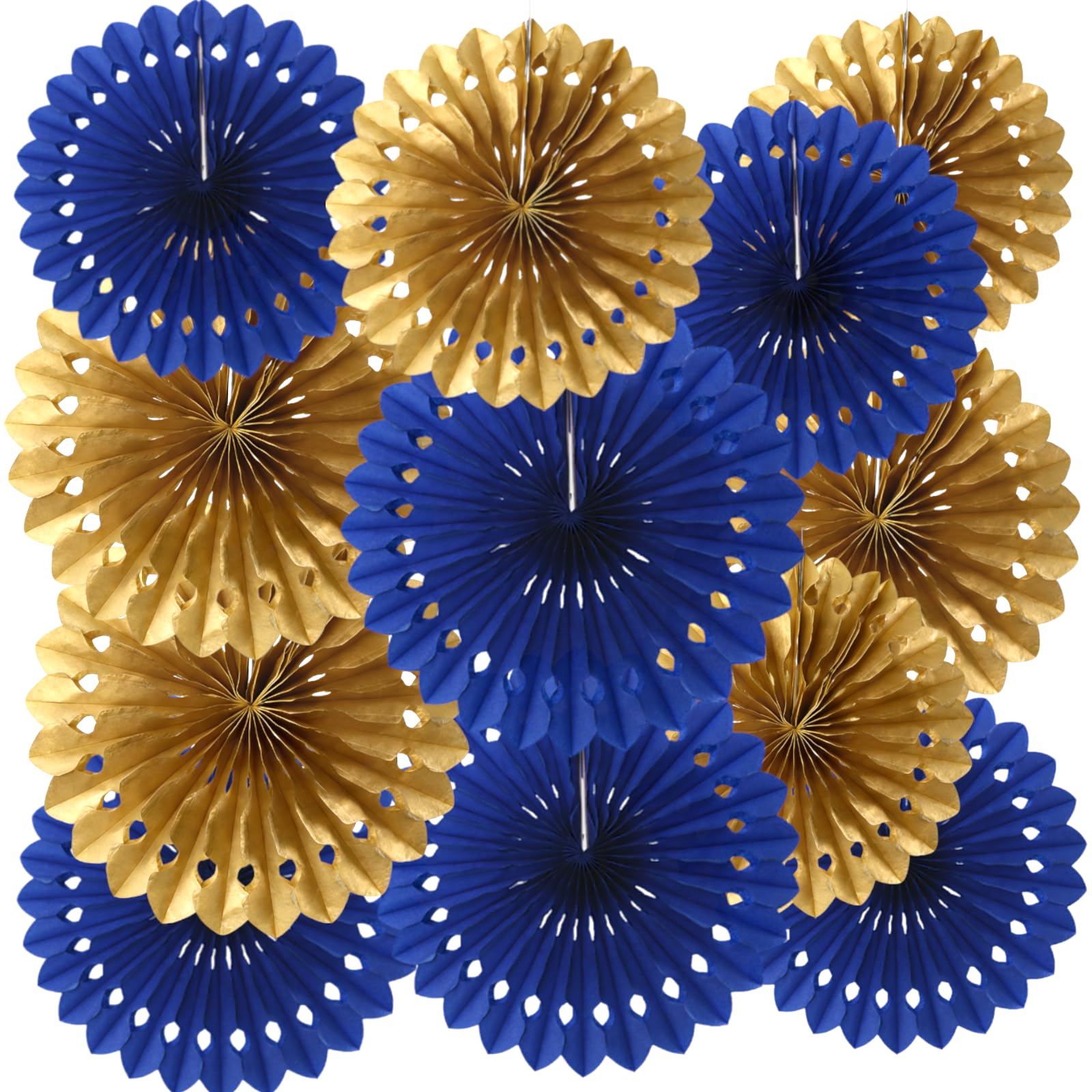 We Moment Zone 12 Pcs Blue Gold Paper Fans Party Decorations,Blue and Gold Honeycomb Round Fans,Hanging Ceiling Paper Flowers for Birthday Graduations Bachelorette Party Backdrop Decorations — image 1