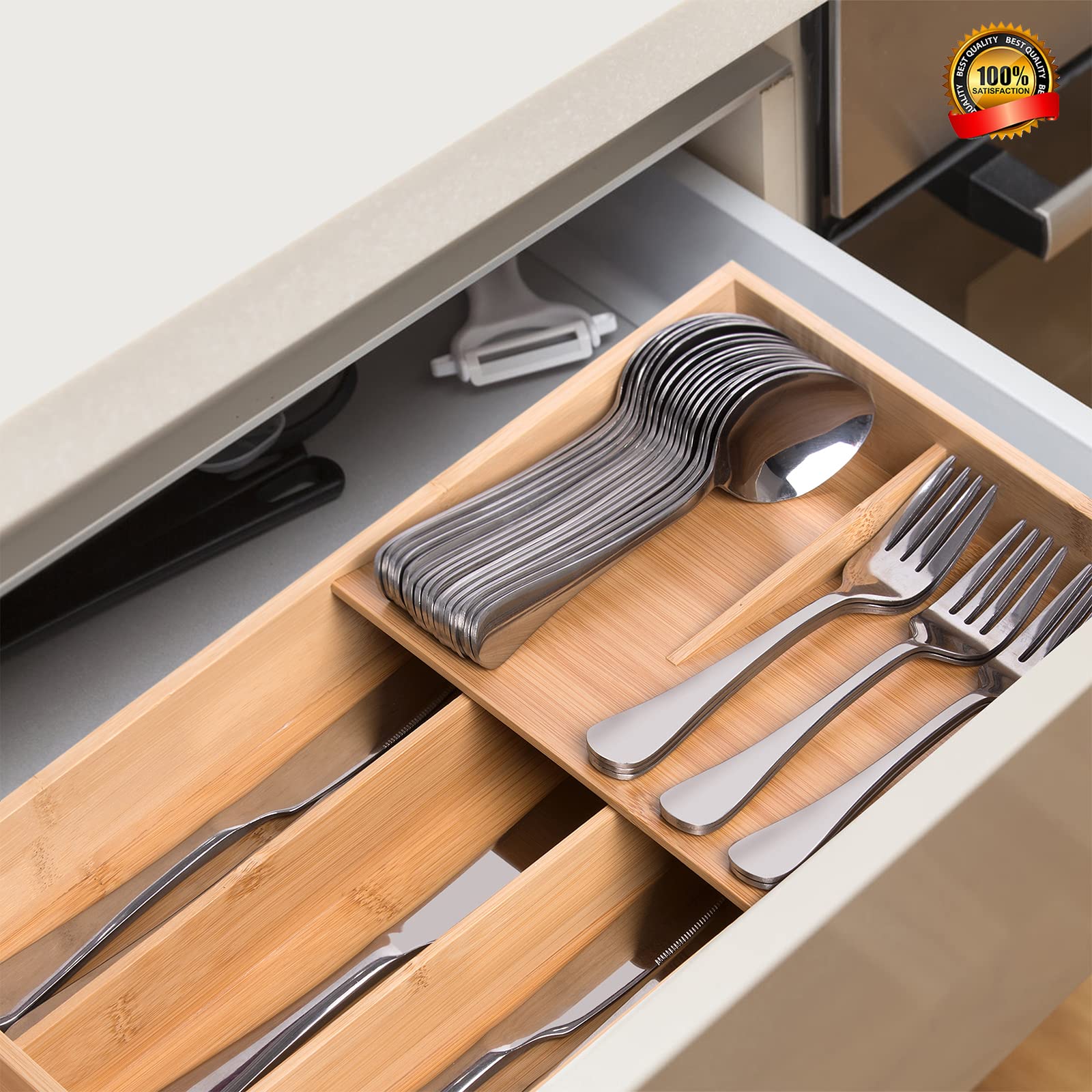 guiogc Organizer per posate in bambù, organizer per cassetti per posate da cucina, vassoio per utensili, vassoio per cucchiai, forchette, coltelli