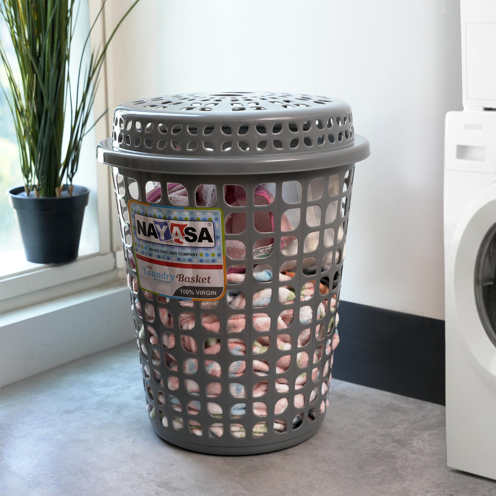 Nayasa Round Petal Laundry Basket with Lid | 44 Ltrs | Plastic Basket for Clothes, Toys & Household Utility | Stylish & Durable Organizer for Bedroom, Bathroom & Living Room | Grey