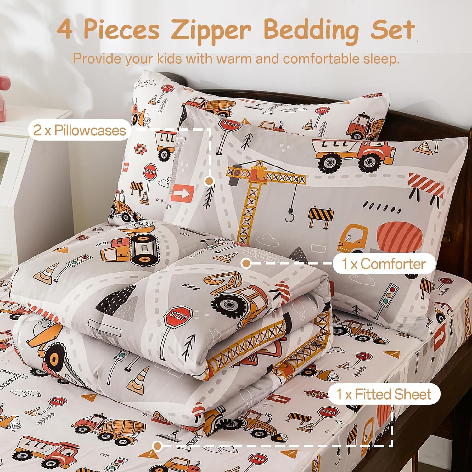 DJY Zipper Bedding Set Twin, Cars Bedding Sets for Boys, Kids Construction Comforter Set with Fitted Sheet Pillowcases, All in One Zipper Bed Set for All Seasons - Image 5