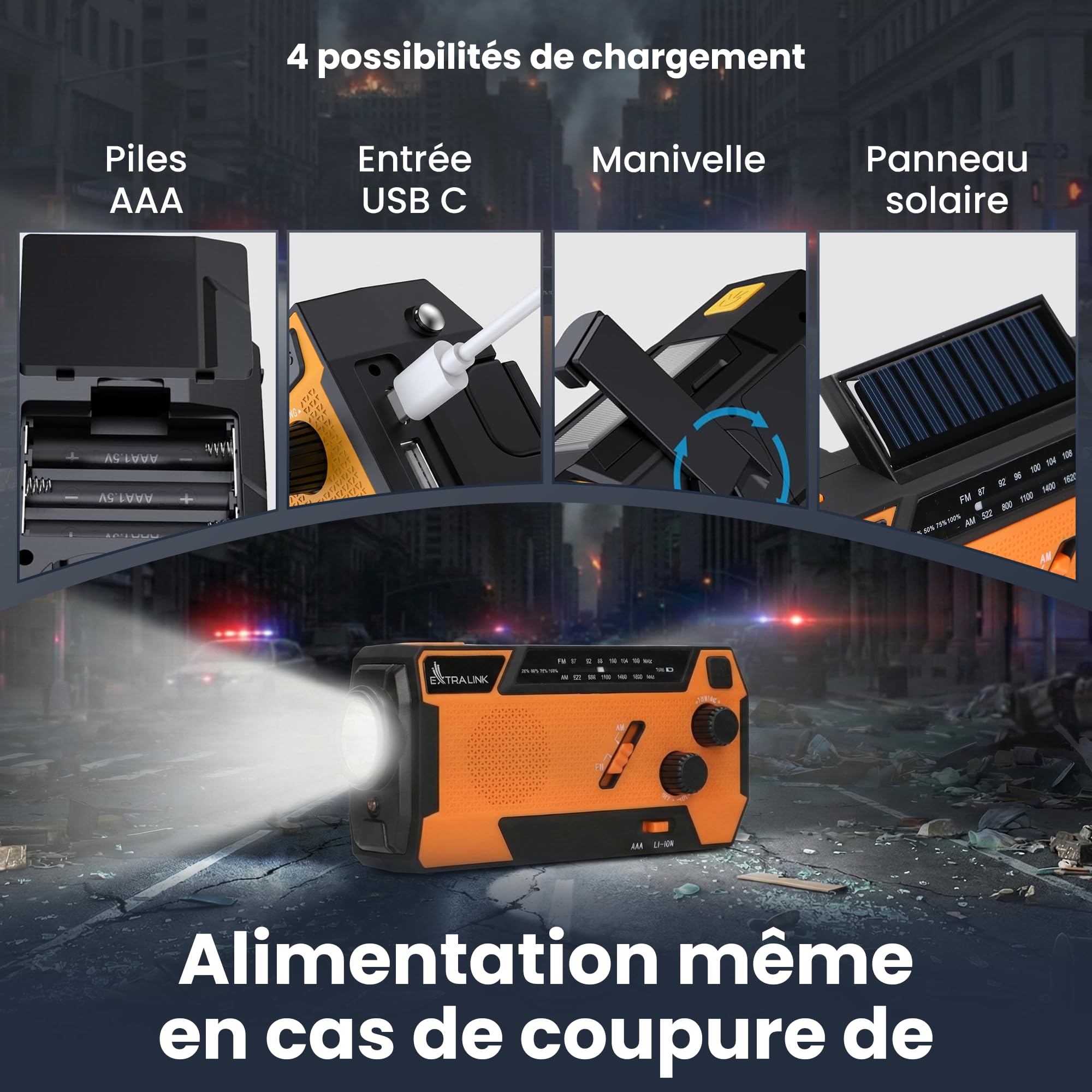 Radio Portable d'Urgence à Manivelle avec Panneau Solaire 4000mAh FM/AM Torche LED SOS Extralink