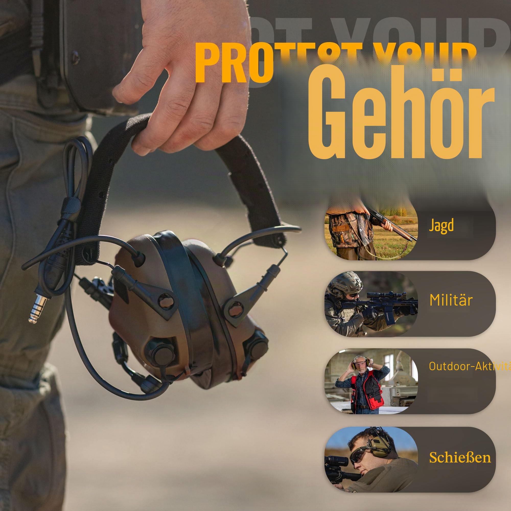 Earmor M32 Plus Elektronisches Helm-Headset – Gehörschutz mit Mikrofon & Klangeinstellung – IPX5 Wasserbeständig, Helmkompatibel für Outdoor-Aktivitäten (Hellbraun)