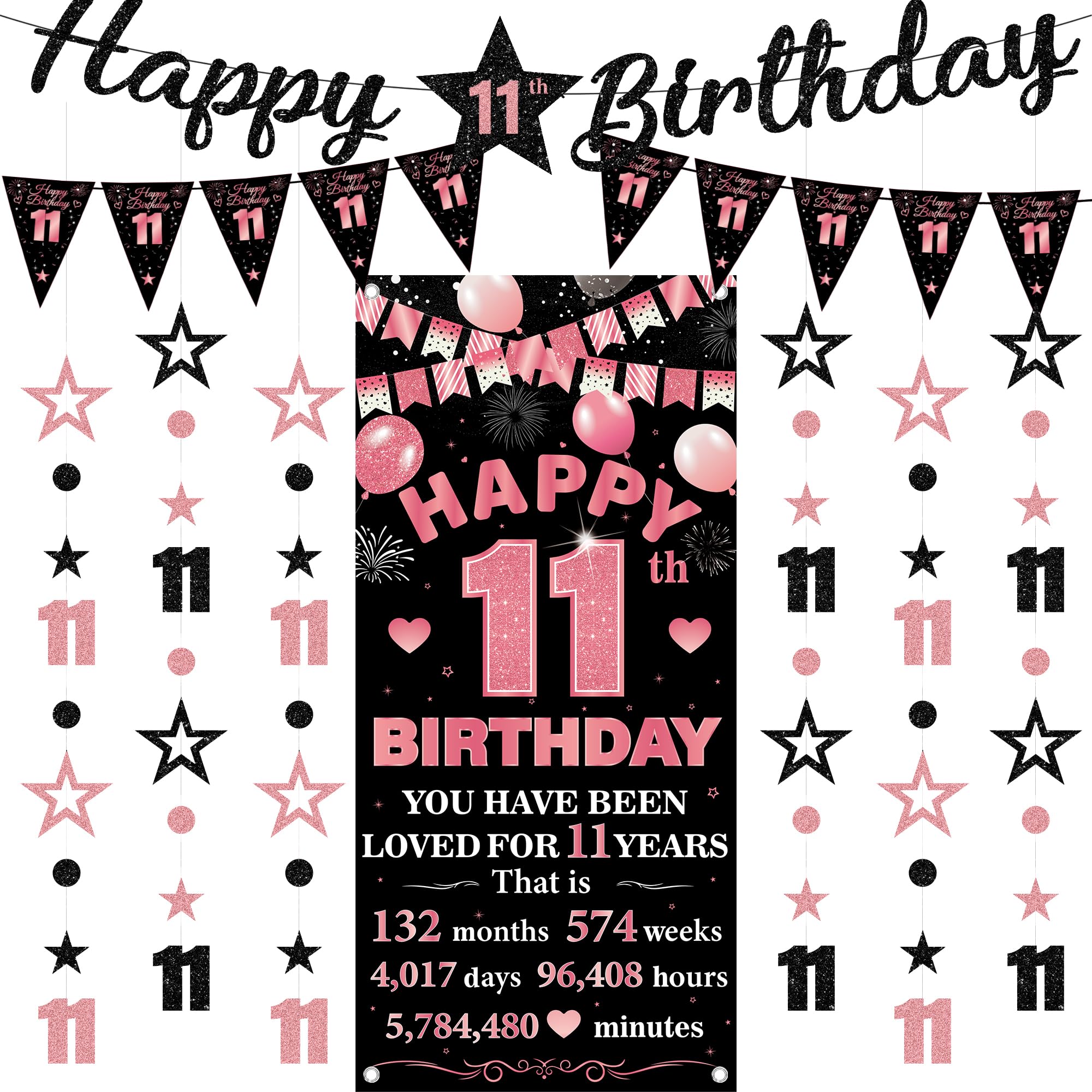 11th Birthday Decorations Banner Girls - 9 Pcs Black Rose Gold Bannes Backdrop Number Star Dot Glitter Hanging Garlands Kit for Girl Happy 11 Years Old Birthday Party Decor Supplies