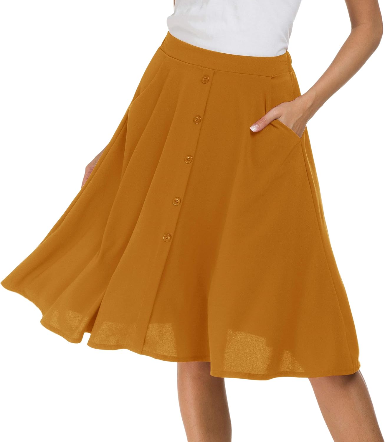 Afibi Womens High Waisted A Line Pleated Midi Skirt Button Front Skirts with Pocket - Image 4