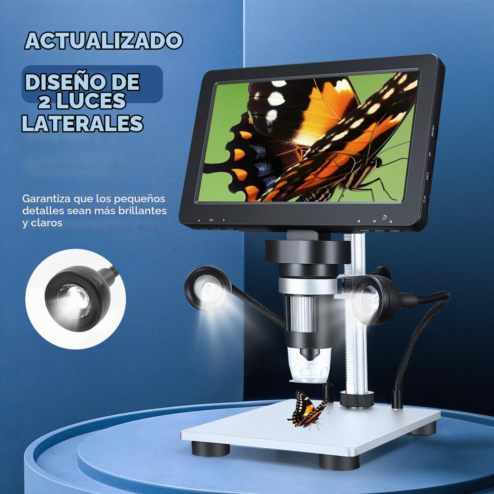 Microscopio Profesional Digital 7" 1200x 12MP Con Pantalla Giratoria HD, 8 Luces LED, 12 Idiomas, 10cm Distancia Trabajo, Controlador Electrónico Para Soldadura