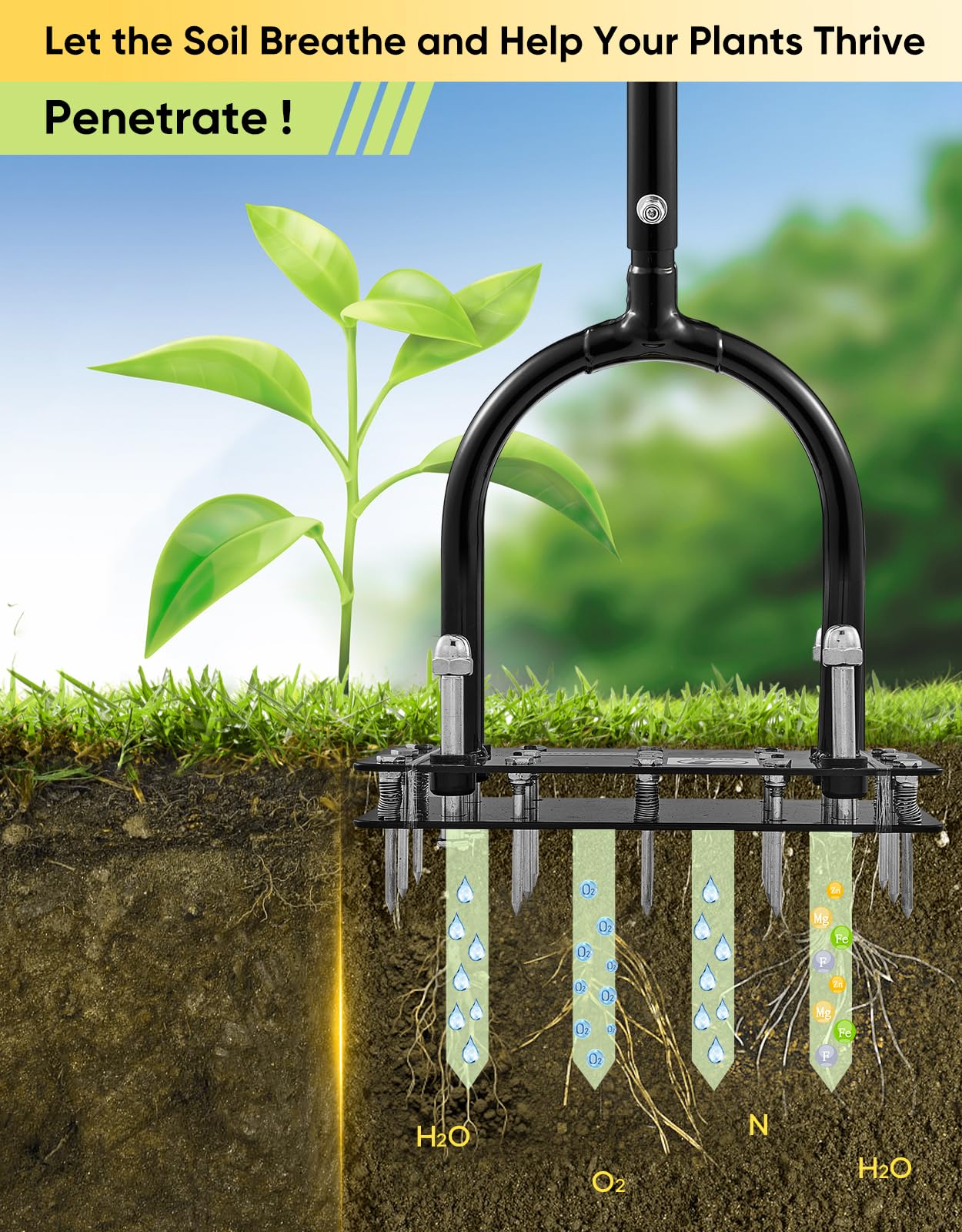 Sakerplus Aerator Lawn Tool, Hand Metal Spike Lawn Aerator with Rebounce Spring Base, Automatic Leaf and Dirt Cleaning, Grass Aerator for Lawn Care, Soil Loosening, Yard Aerating (Orange Handle) - 5