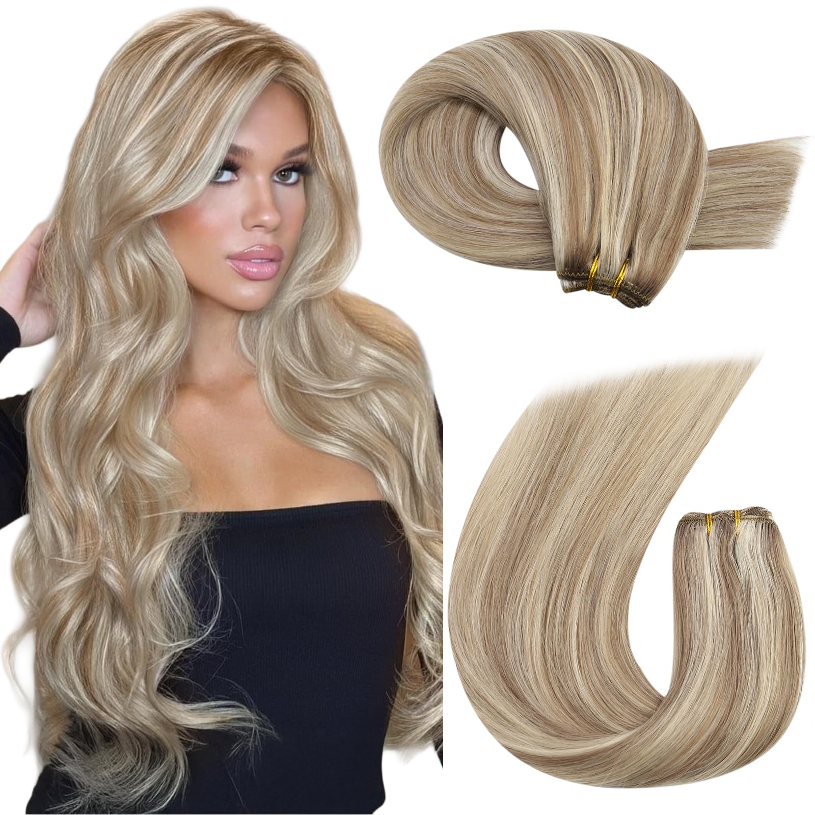 Moresoo Butterfly Weft Hair Extensions Remy Human Hair Ash Blonde Highlight Bleached Blonde 18 Inch OVO Weft Hair Extensions Human Hair Ash Blonde Highlight 100g/pack #18/613 — view 33