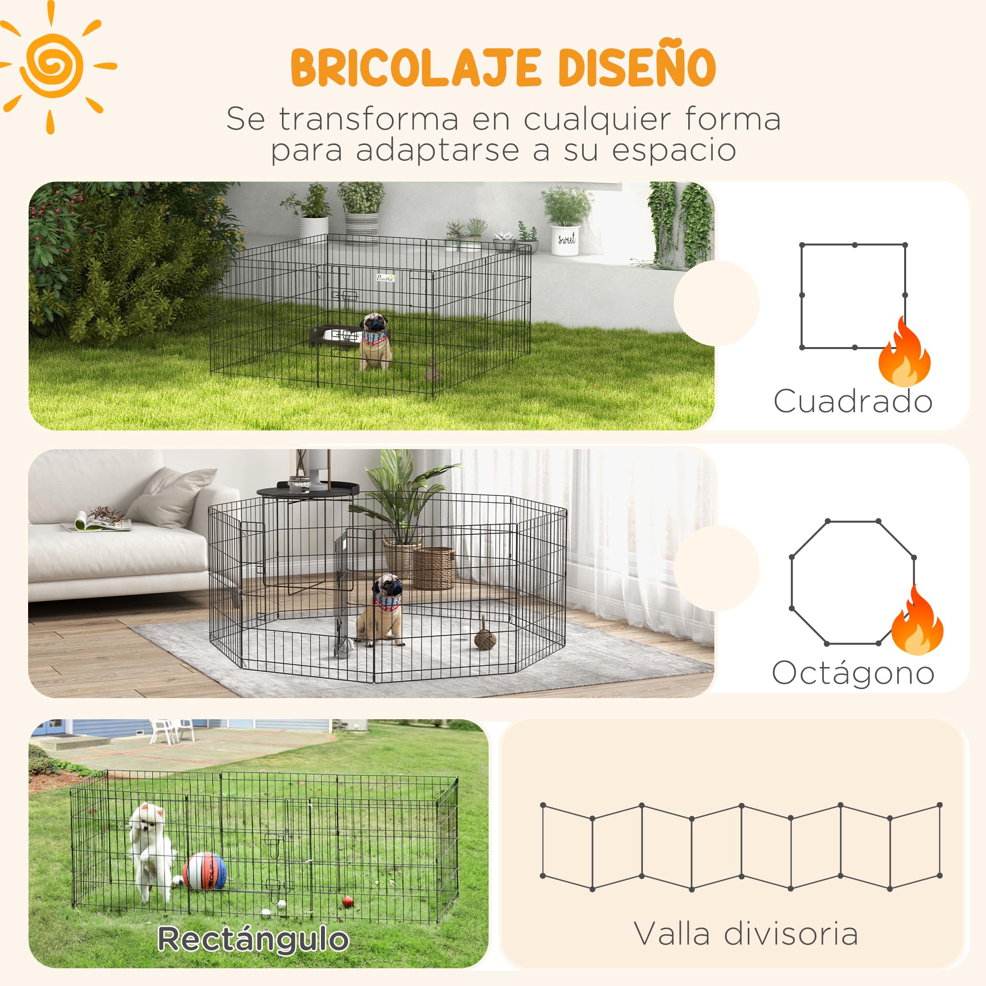 PawHut Parque de Juegos para Perros de 8 Paneles 61x61 cm Corralito para Perros Plegable con Puerta Doble Cerradura y Forma Personalizable para Jardín Patio Negro