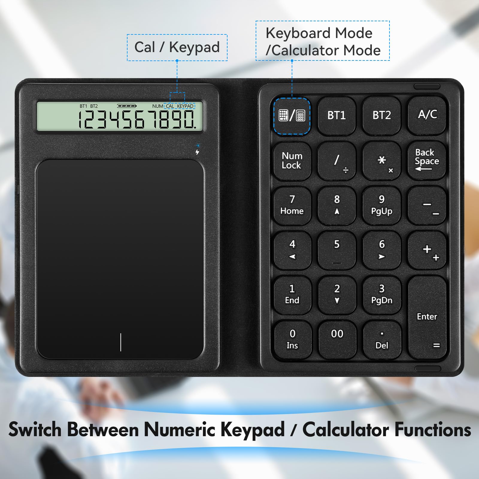 Tastiera numerica Bluetooth, Wireless Tastierino Numerico con display e touchpad calcolatrice pieghevole contabilità finanziaria sottile tastierino numerico portatile per Desktop Laptop Tablet