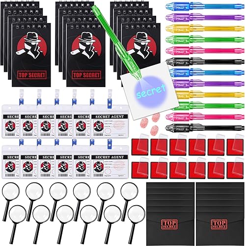 Winrayk 75 piezas de regalos de fiesta de detectives suministros de cumpleaños pluma de tinta invisible cuaderno secreto agente etiqueta de nombre