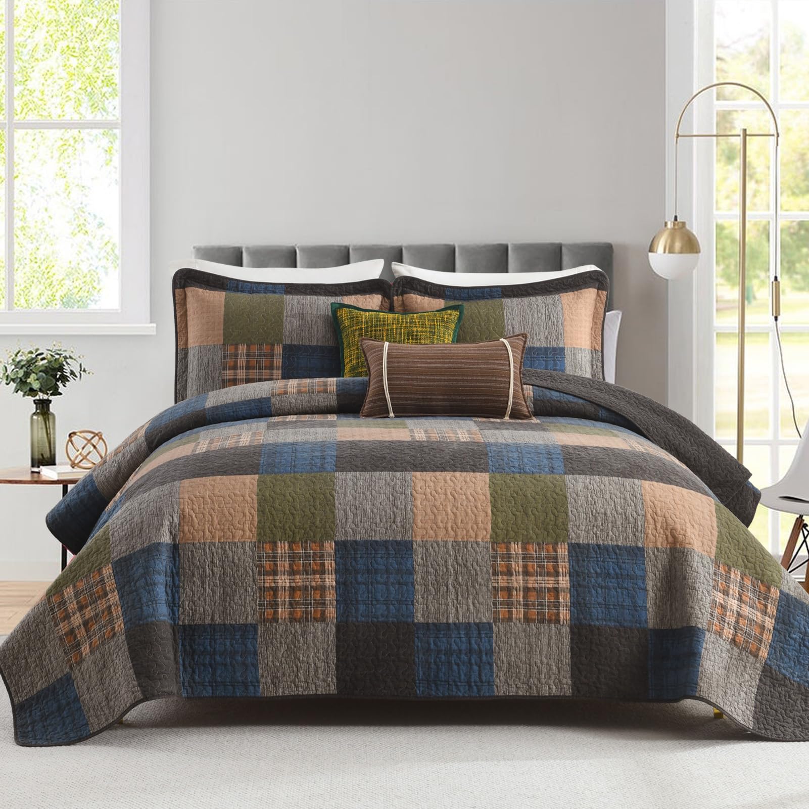 SahSahCasa 5-Piece Quilt Set Queen Size, 100% Cotton, Patchwork Queen Comforter Bedding Set, Farmhouse Plaid Quilted Bedspreads, Reversible Lightweight Bed Spread, All Season, Brown/Green/Gray