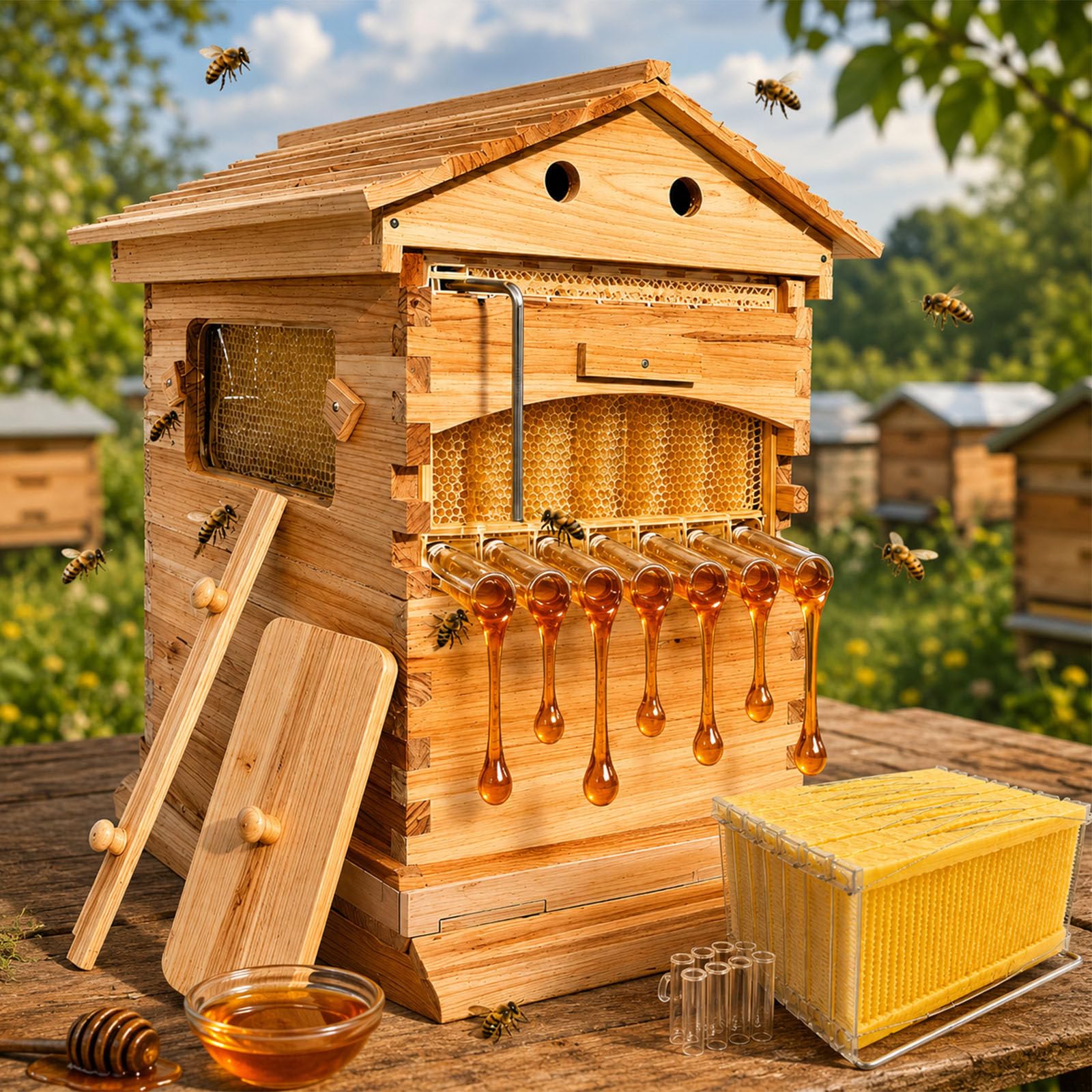 Honigbienenstock-Bausätze Aus Holz, Selbstblühende Honigbienenbox 7spleens | Sichtfenster, Wachsüberzogenes Tannenholz Und Ernteröhrchen, Selbstblühender Bienenstockstarter Für Bienenstände