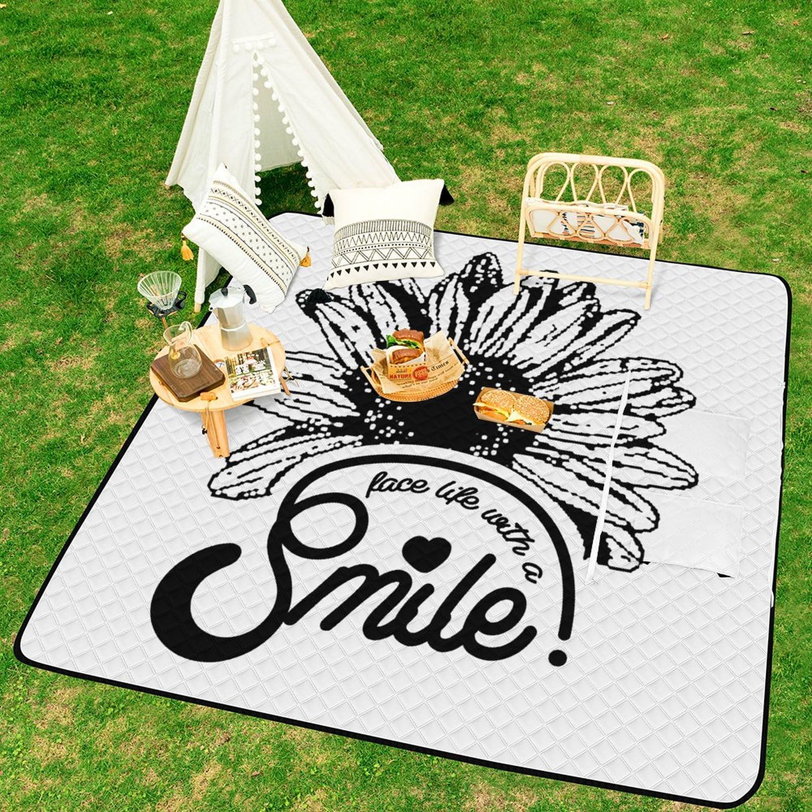 3D Stampa Affronta la vita con un sorriso Coperta Picnic Impermeabile Stuoia Spiaggia Pieghevole Coperta Da Picnic Per Campeggio, Trekking, Montagna, Viaggi 200x200cm