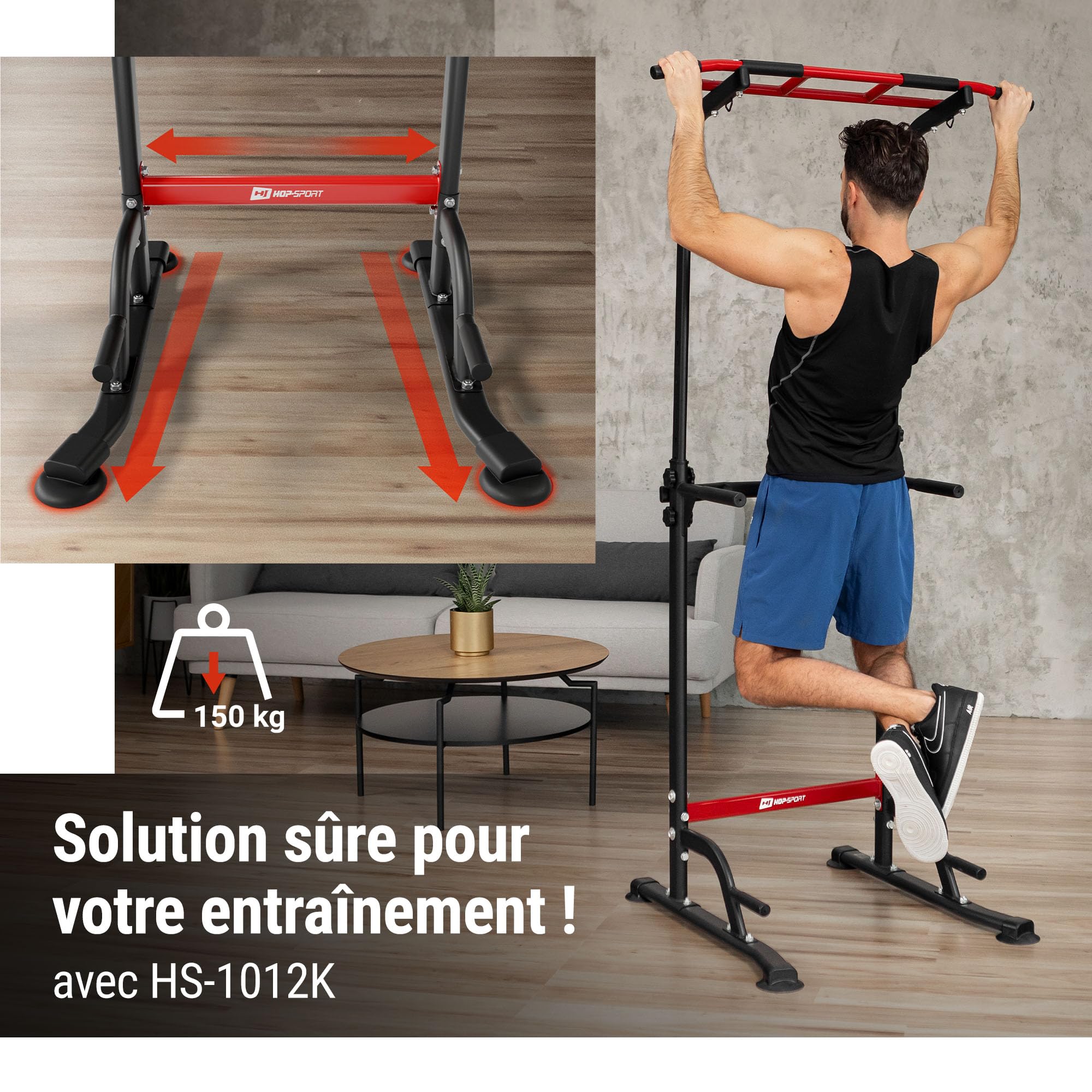 HOP-SPORT® Power Tower HS-2012K avec Station de dips, Tour de Musculation Multifonction Complet avec Barre de Traction réglable, Chaise Romaine avec Charge Max. 150 kg