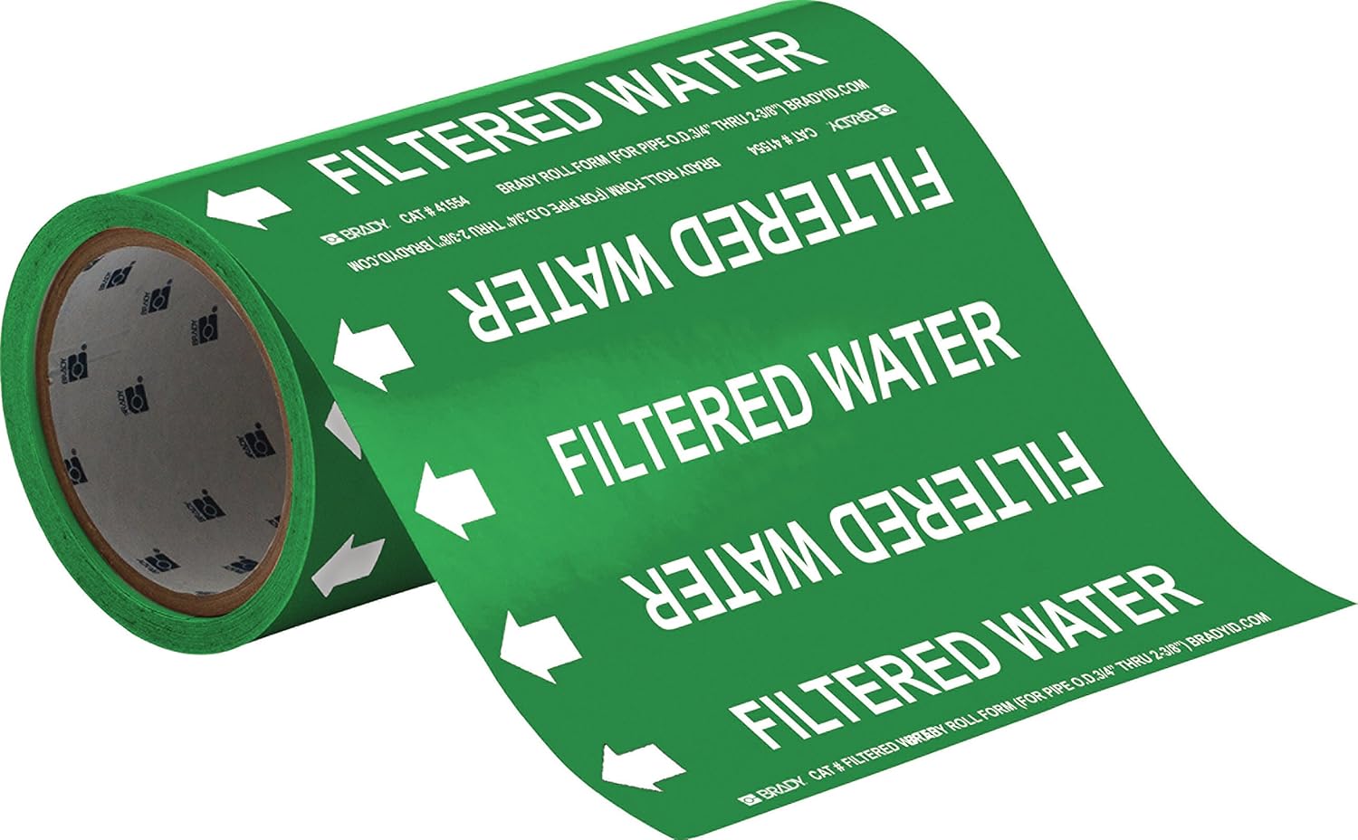 Brady 41554 Roll Form Pipe Markers, B-946, 8" X 30', White On Green Pressure Sensitive Vinyl, Legend "Filtered Water"