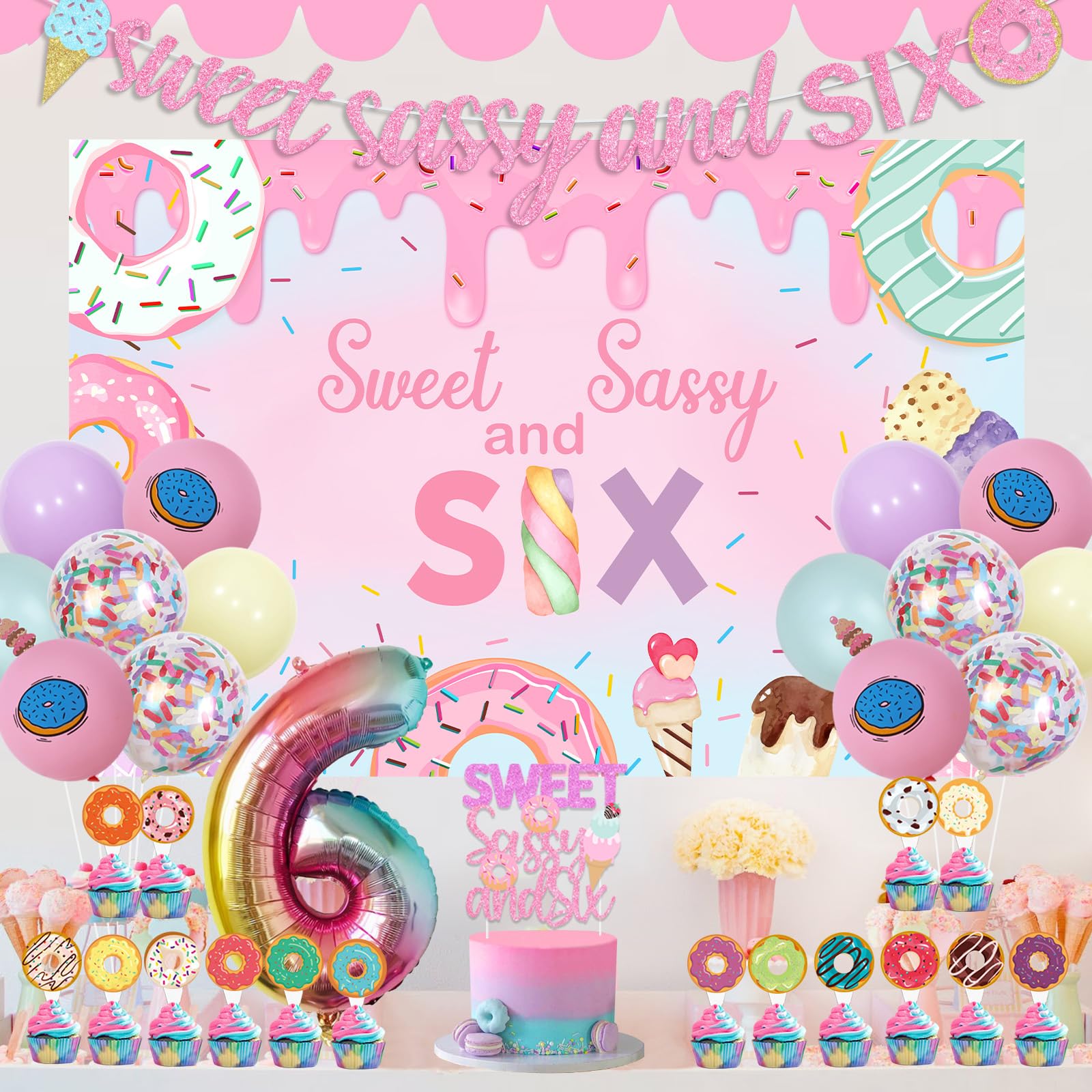 Kreatwow 'Six Is So Sweet' Geburtstagsdekoration – Donut & Eis Hintergrundbanner Für 6. Geburtstag