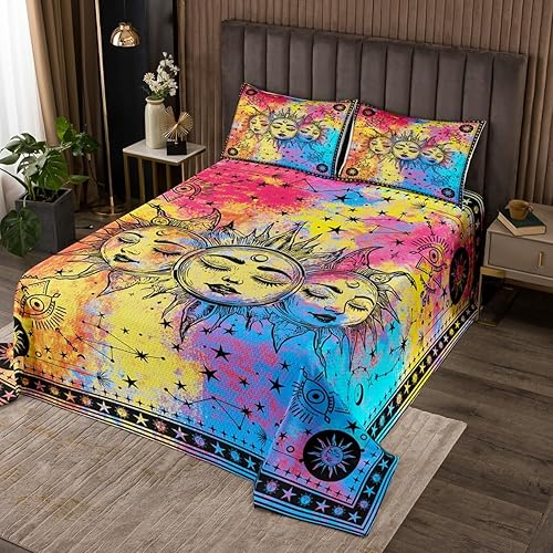 Erosebridal Juego de edredón bohemio de sol y luna, juego de colcha hippie bohemio de 3 piezas, ropa de cama colorida teñida anudado, juego de