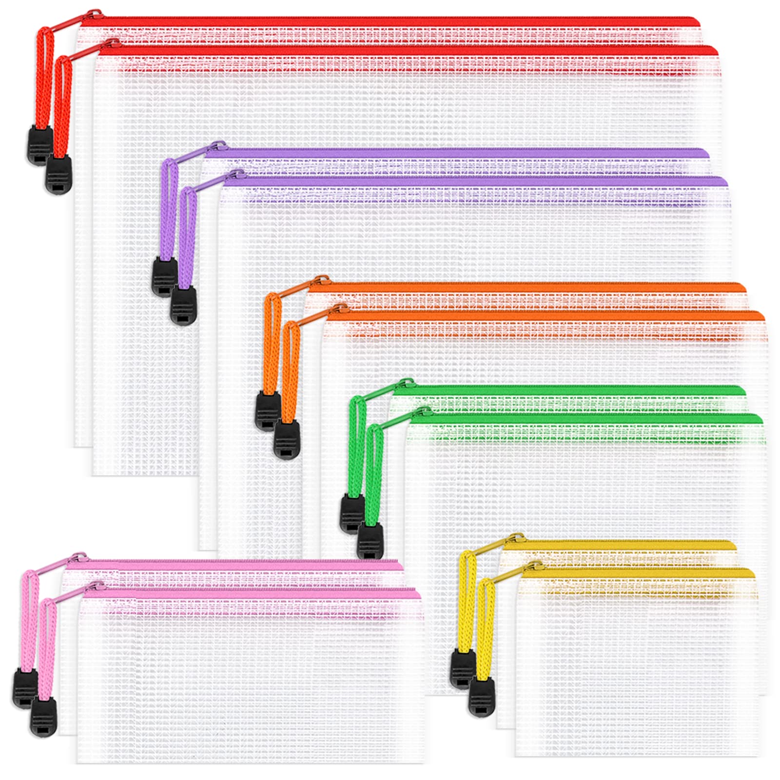 Plastic Wallets Folders - 12PCS Multi-Size Plastic Zip Lock Bags Document File Folders for School Office Supplies, Homework, Cosmetics and Travel Accessories (6 Size)