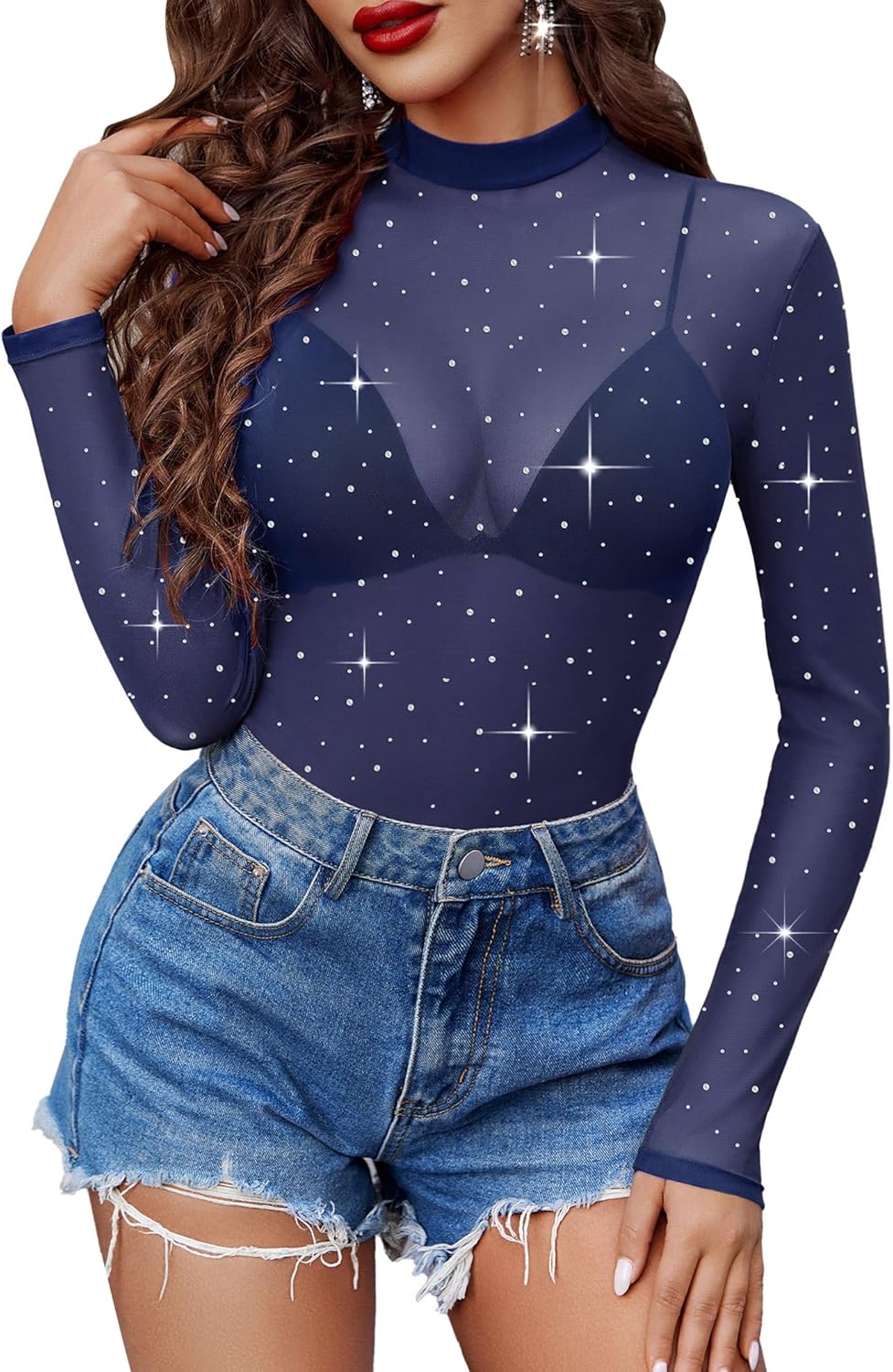 Avidlove Mesh Top Women Rhinestone Sheer Tops for Women Long Sleeve See Through Shirt Mock Neck Tee Blouses S-XXL