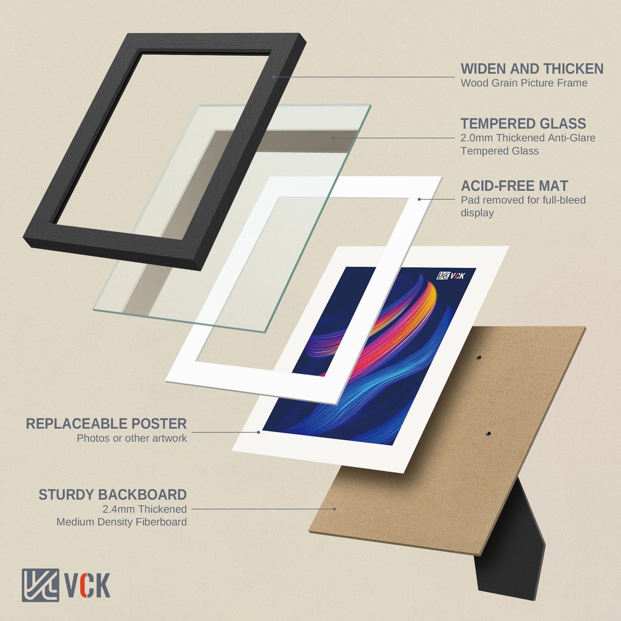 VCK Cornice per foto da 20,5 x 28 cm, nera, confezione da 5, con vetro temperato, per foto da 15 x 20 cm con passepartout o 20 x 28 cm senza, per tavolo orizzontale/verticale e da appendere alla