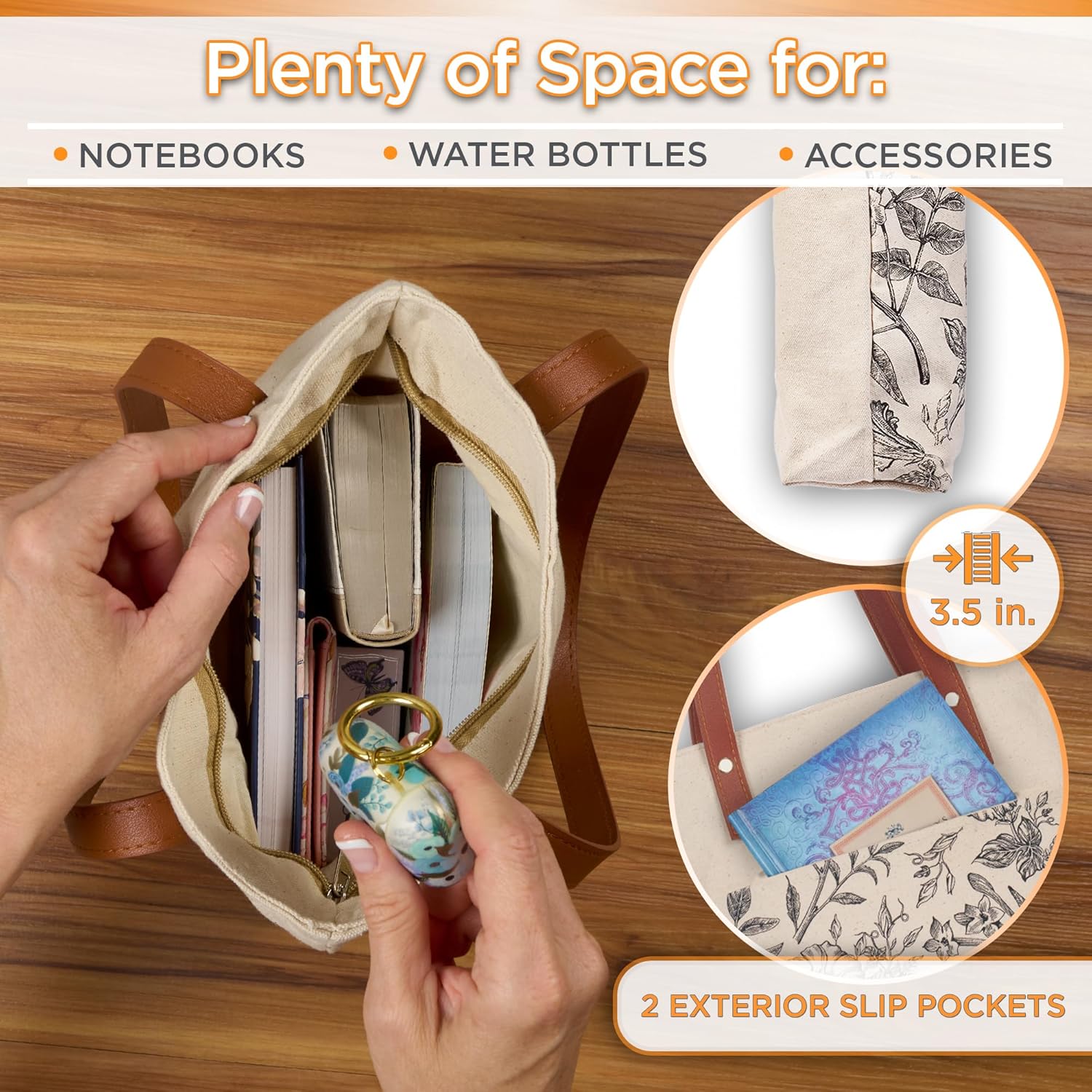 Christian Art Gifts Canvas Floral Tote Bag for Women: Amazing Grace Inspirational Scripture for Shopping, Supplies, Books, Accessories, Vegan Leather, Pocket, Zippered Closure, Creamy Tan & Brown - Image 5