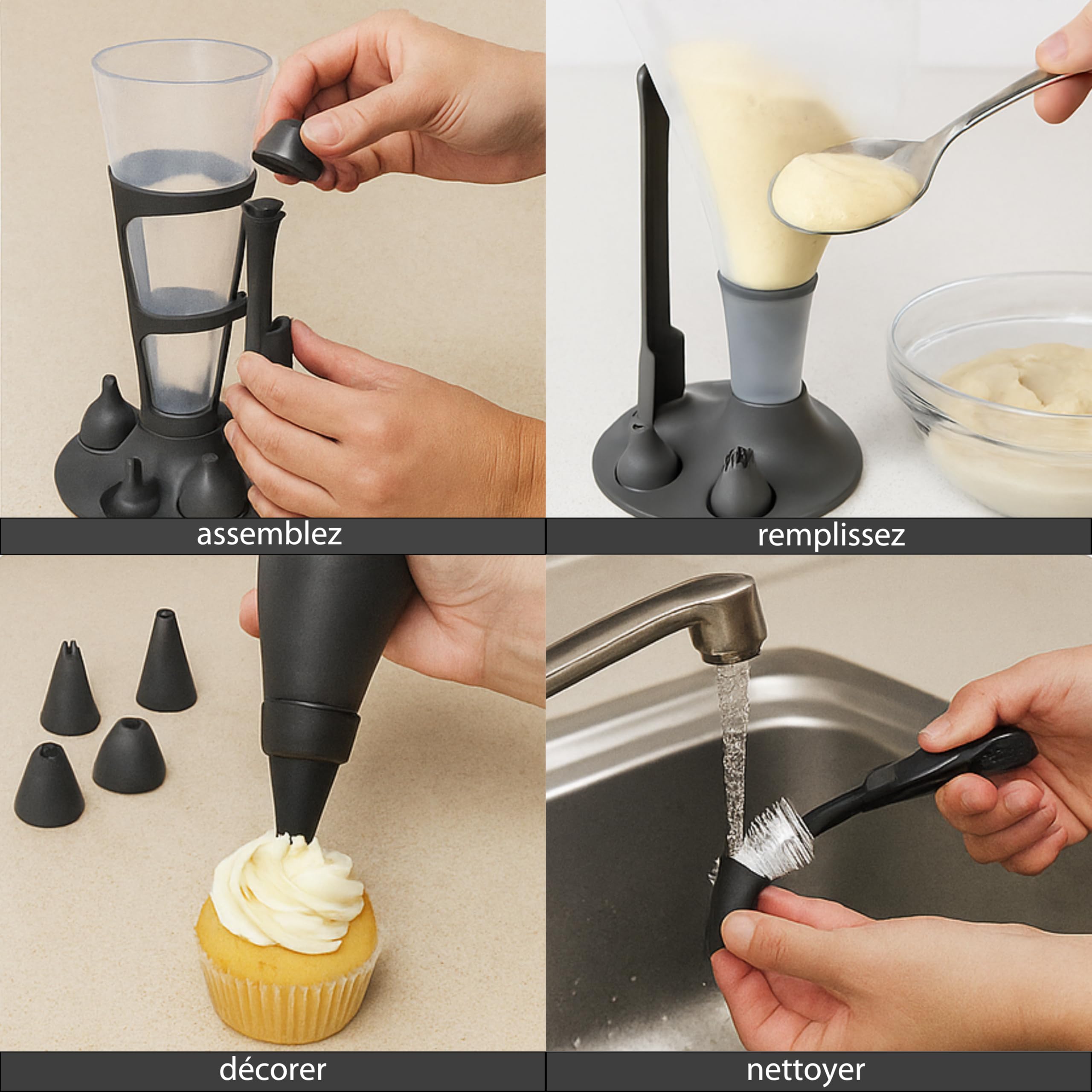 MASTRAD - Set 2 Poches à Douille Professionnelle Réutilisables + Support + Goupillon de Nettoyage - Cuisine Pâtisserie Desserts - Contenance 500ml et 1L - Sans BPA, Noir