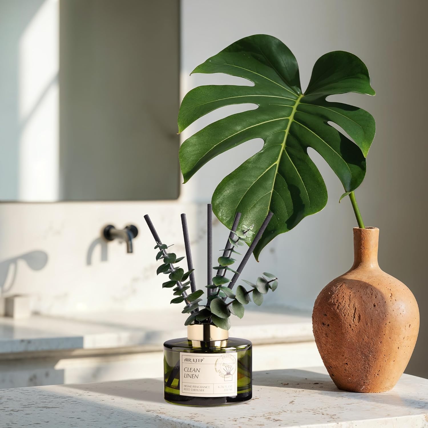 Airkeep Reed Diffuser Set with 6.76 fl oz Clean Linen Scent Essential Oils and 3 Leaves & 8 Diffuser Sticks,Bathroom Shelf Decor & Air Freshener, House Bedroom Office Decor & Gifts - Image 6